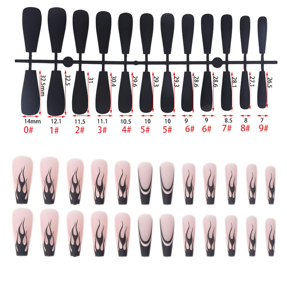 24Pcs Long Coffin Press on Nails - Flame Design Glossy False Nails with Glue, Full Cover Fake Nails for Women & Girls | Perfect for Parties, Weddings, Date Nights & Special Occasions