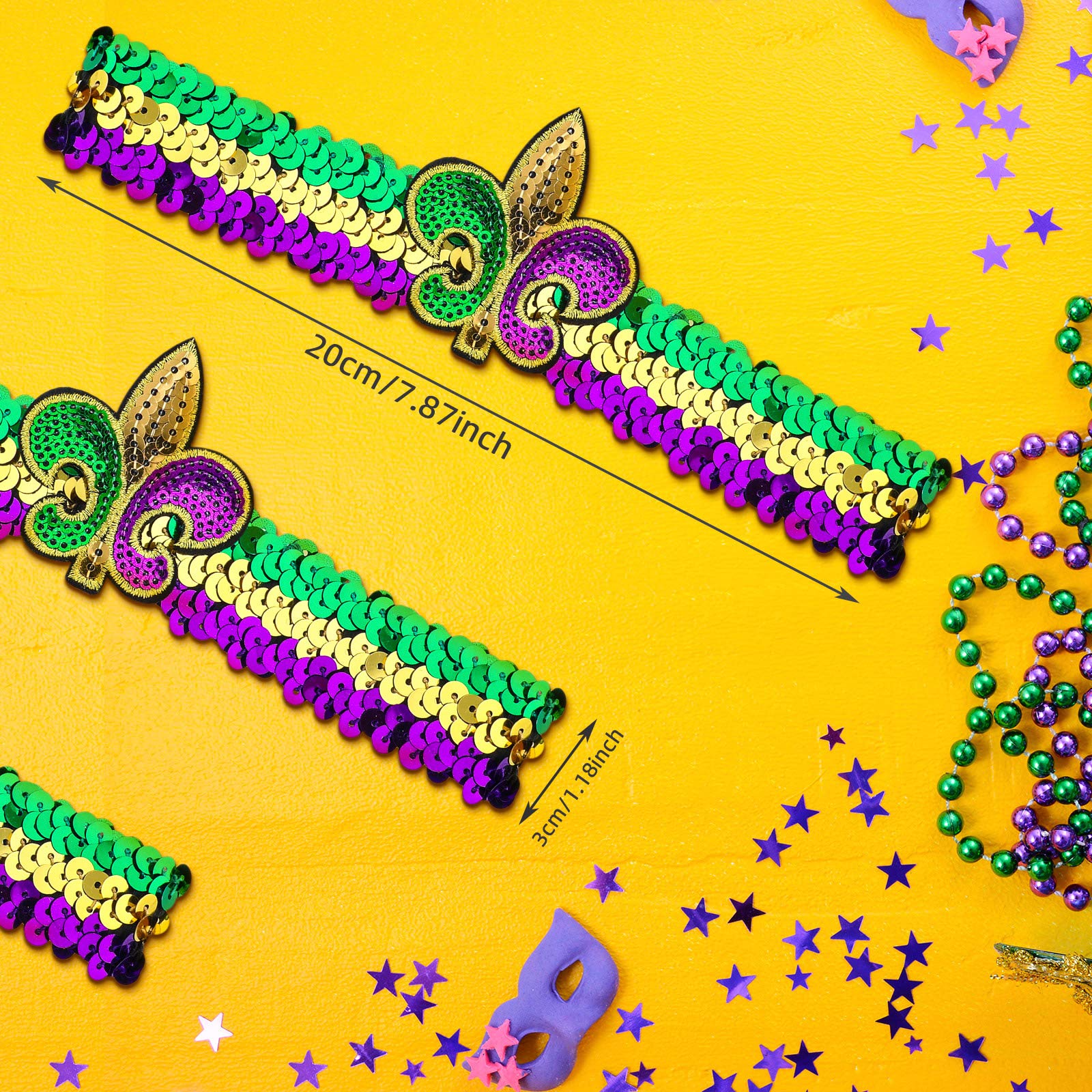 Chuangdi 3-Piece Mardi Gras Fleur De Lis Sequin Headbands - Glitter Elastic Hair Bands for Women & Adults - Carnival Party Costume Accessories in Multi-Colors - Perfect for Festivals, Parades & Themed Events