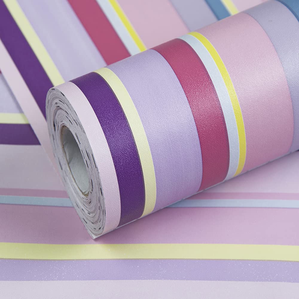 Self-Adhesive Vinyl Wallpaper - 7 Color Stripe Peel & Stick Shelf Liner for Walls, Nursery, Girls Bedroom, Cabinets & Dresser Drawers | Waterproof & Removable Decal (17.7x117 Inches) - Perfect for Home Decor, DIY Furniture Makeover & Kids Room Design