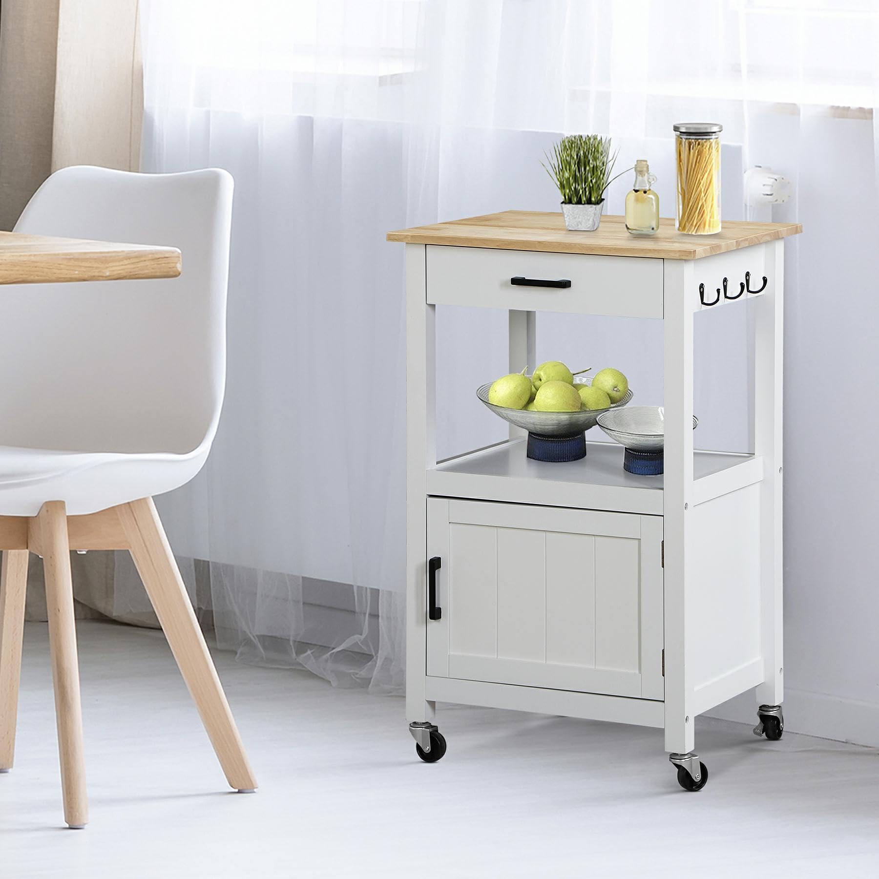 Nova White Mobile Kitchen Island Cart with Wheels - Single Door Cabinet, Rolling Coffee & Microwave Serving Cart for Dining Room - Perfect for Small Spaces, Entertaining & Kitchen Storage