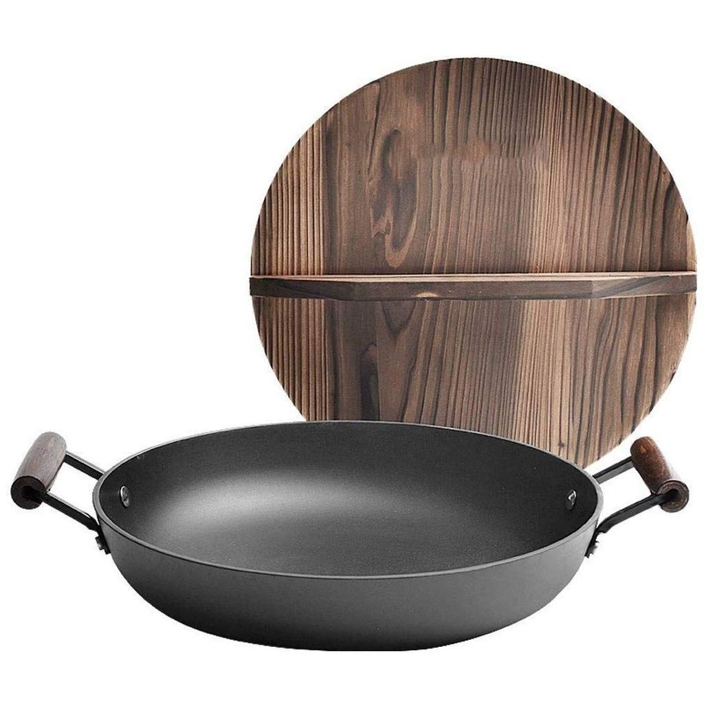 **32cm Black Cast Iron Flat Bottom Wok Pan - Less Fume, Double Ear Design with Wooden Lid - Perfect for Stir-Frying, Deep Frying & Home Cooking**