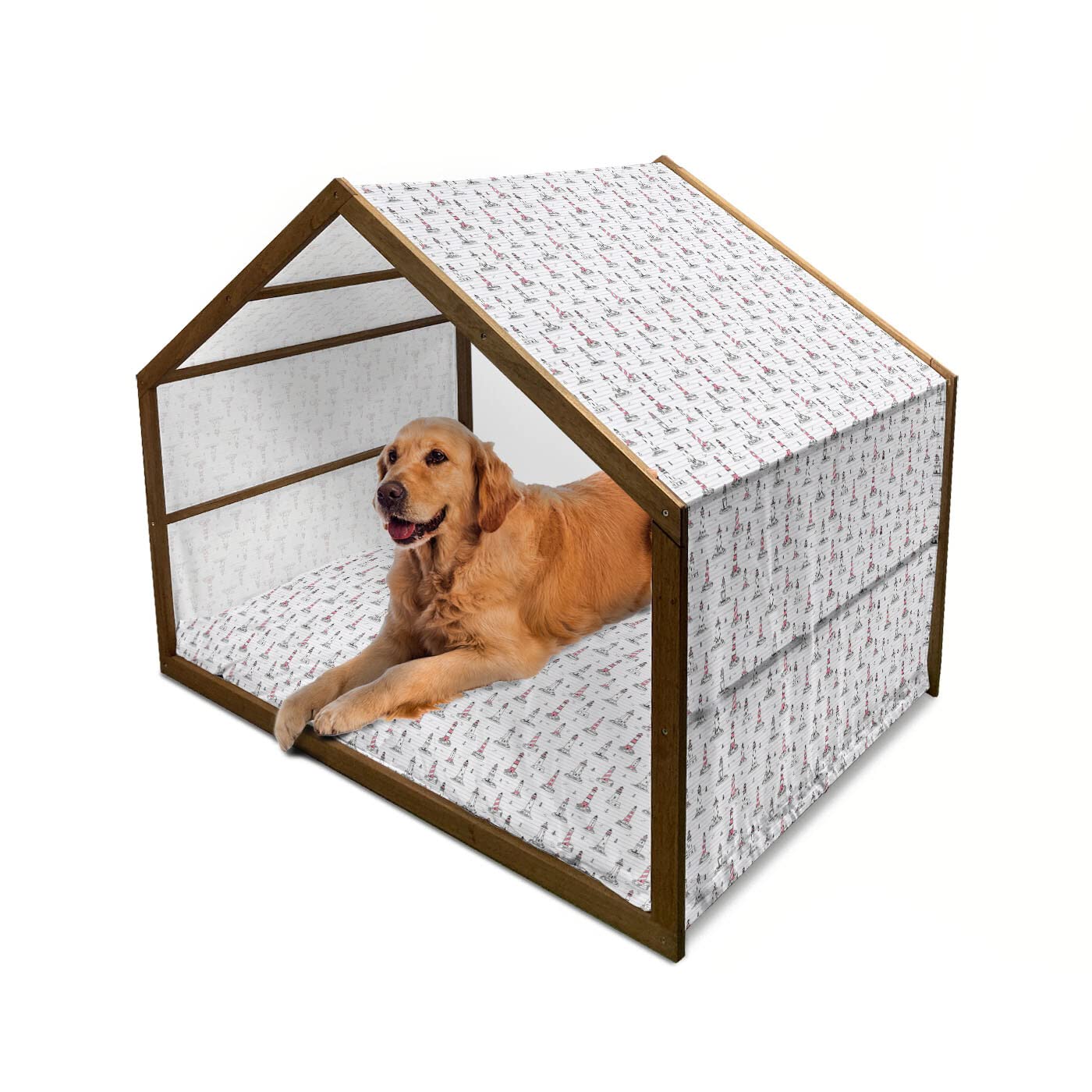 Ambesonne Wooden Dog House with Lighthouse & Nautical Design - Portable Indoor/Outdoor Pet Kennel with Pillow Cover, 2X-Large Size in Pink Lilac Black - Perfect for Beach Houses, Backyards & Coastal-Themed Decor