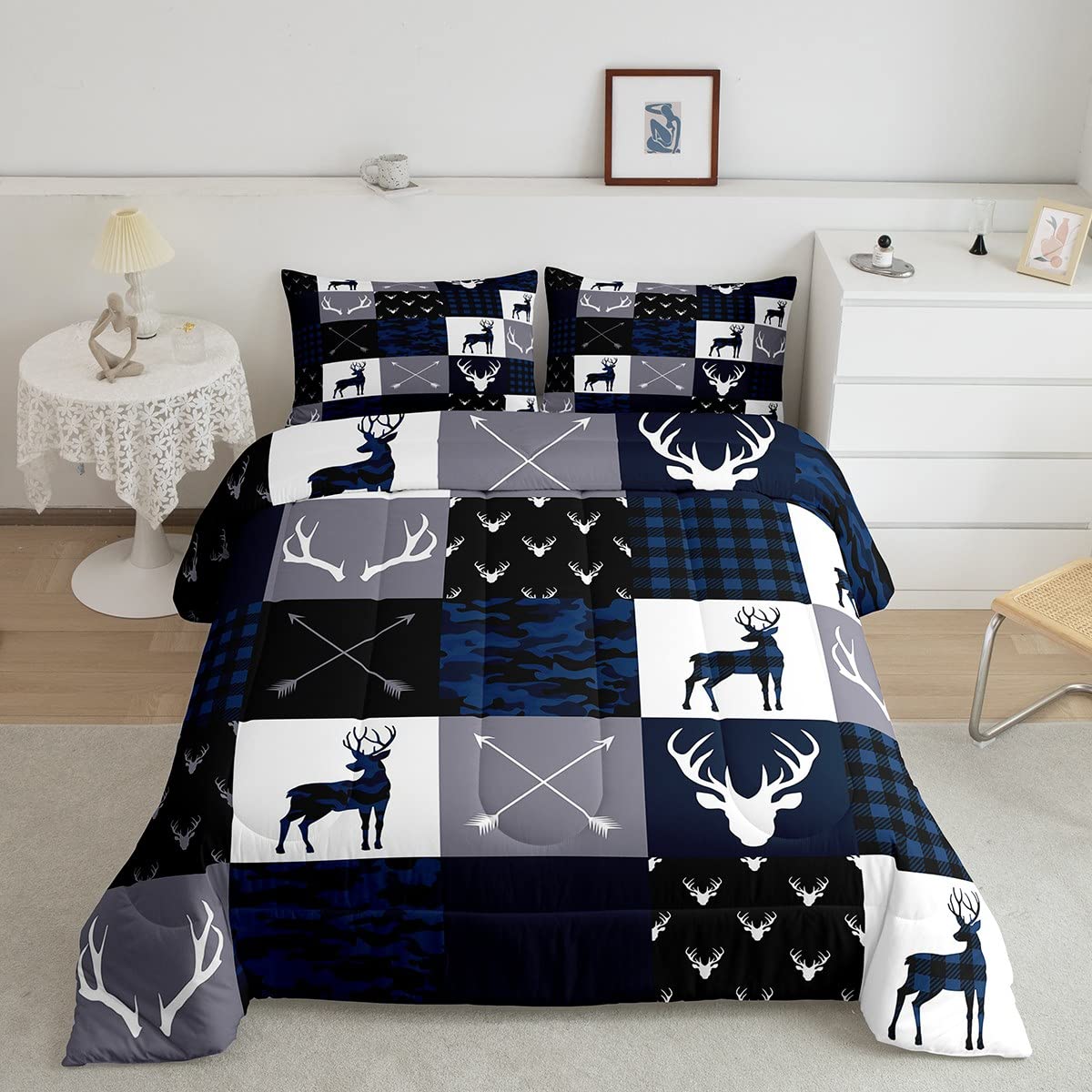 Manfei Camo Deer Antlers Comforter Set Twin - Geometric Plaid Patchwork Bedding 2pc for Kids & Teens (Blue Grey) | Boho Arrow Christmas Quilt with Duvet Insert & Pillowcase | Perfect for Boys/Girls Room Decor & Holiday Gift