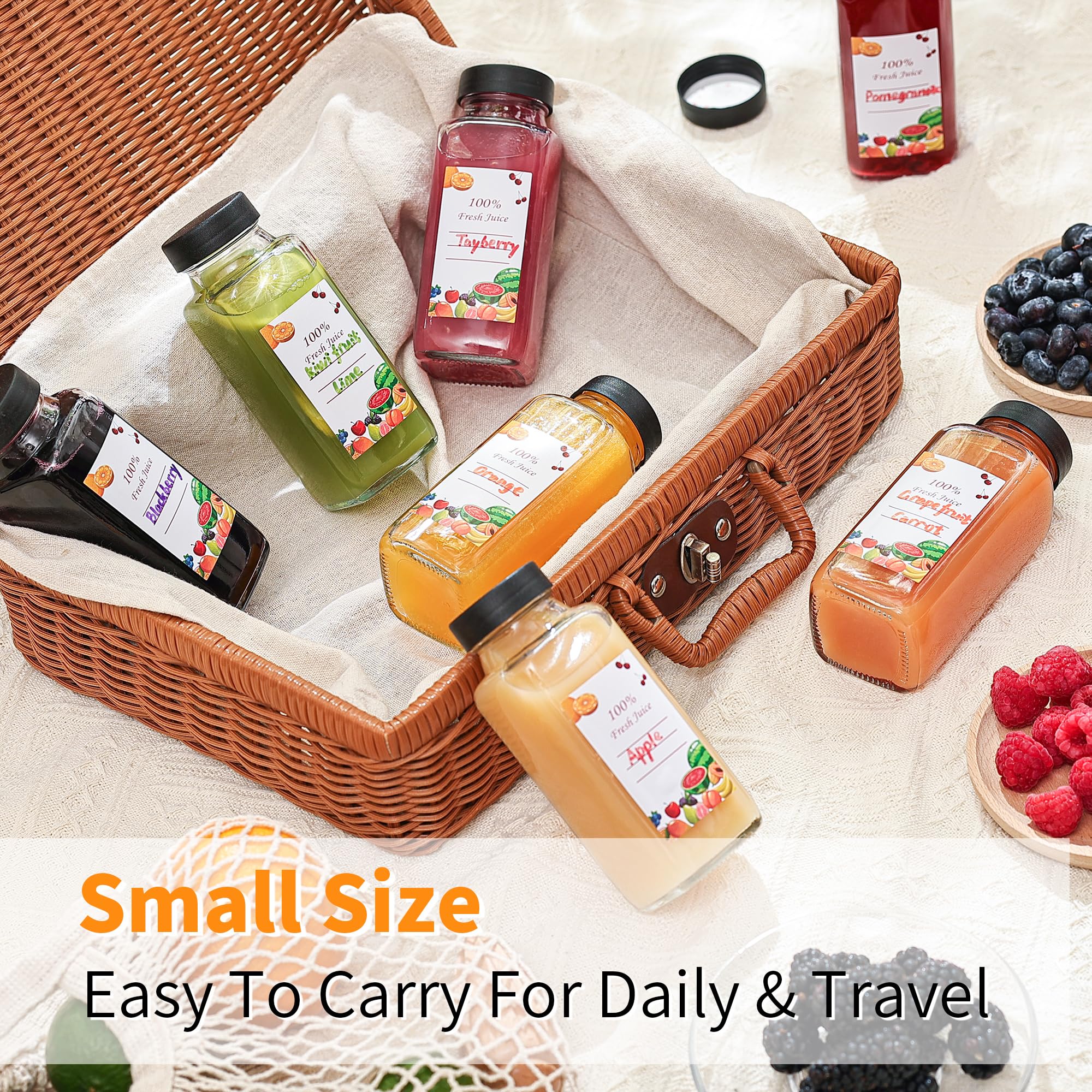 16 Pack 8 oz Glass Juice Bottles with Black Lids & Labels - Reusable Leakproof Drink Containers for Juicing, Water, Ginger Shots, Wellness Drinks - Dishwasher Safe Travel Storage Jars for Home, Office & Gym Use