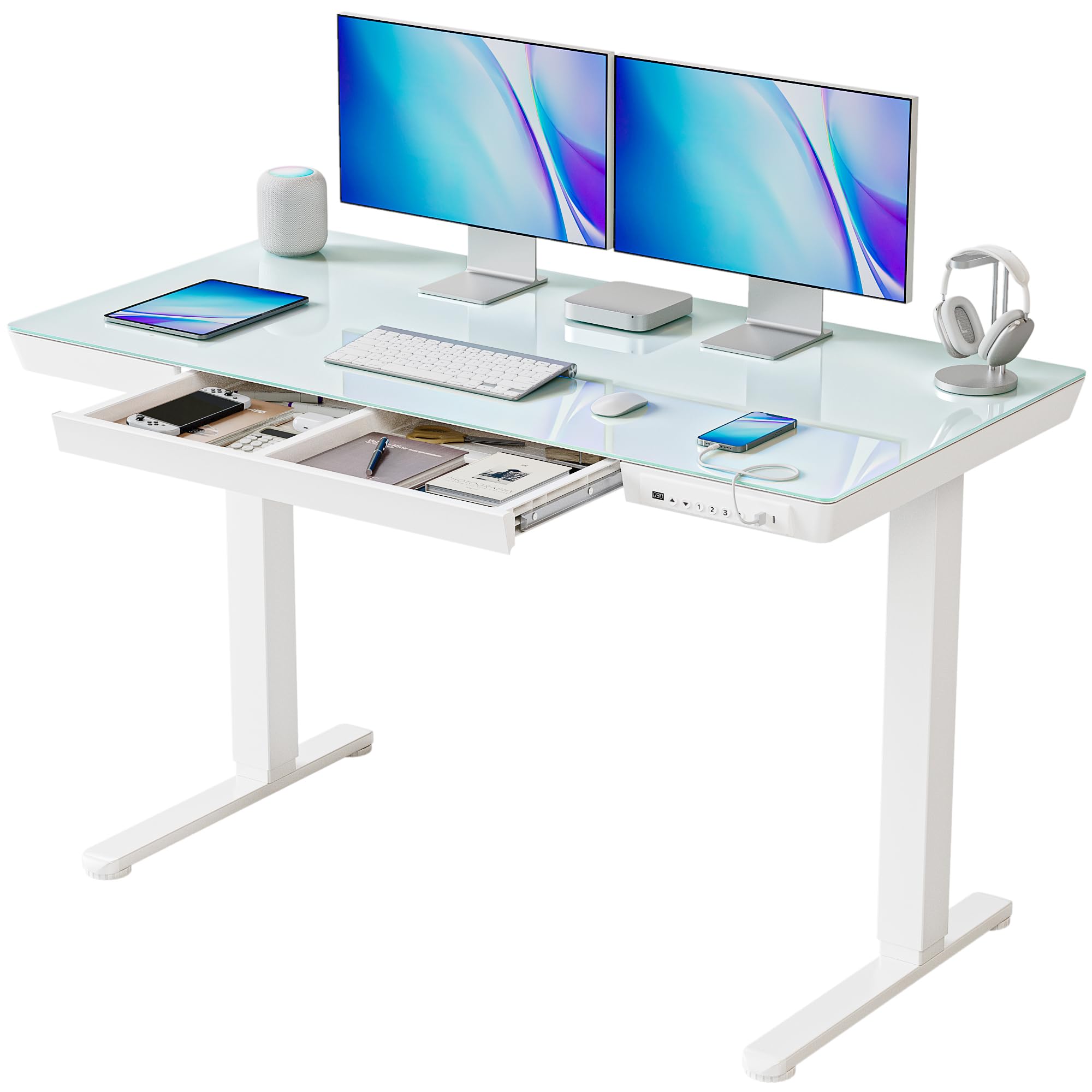 BANTI 48 Inch Electric Standing Desk with Drawers - Height Adjustable Whole-Piece Glass Desktop Ergonomic Workstation for Home Office (White) | Perfect for Remote Work, Gaming Setup & Study Space