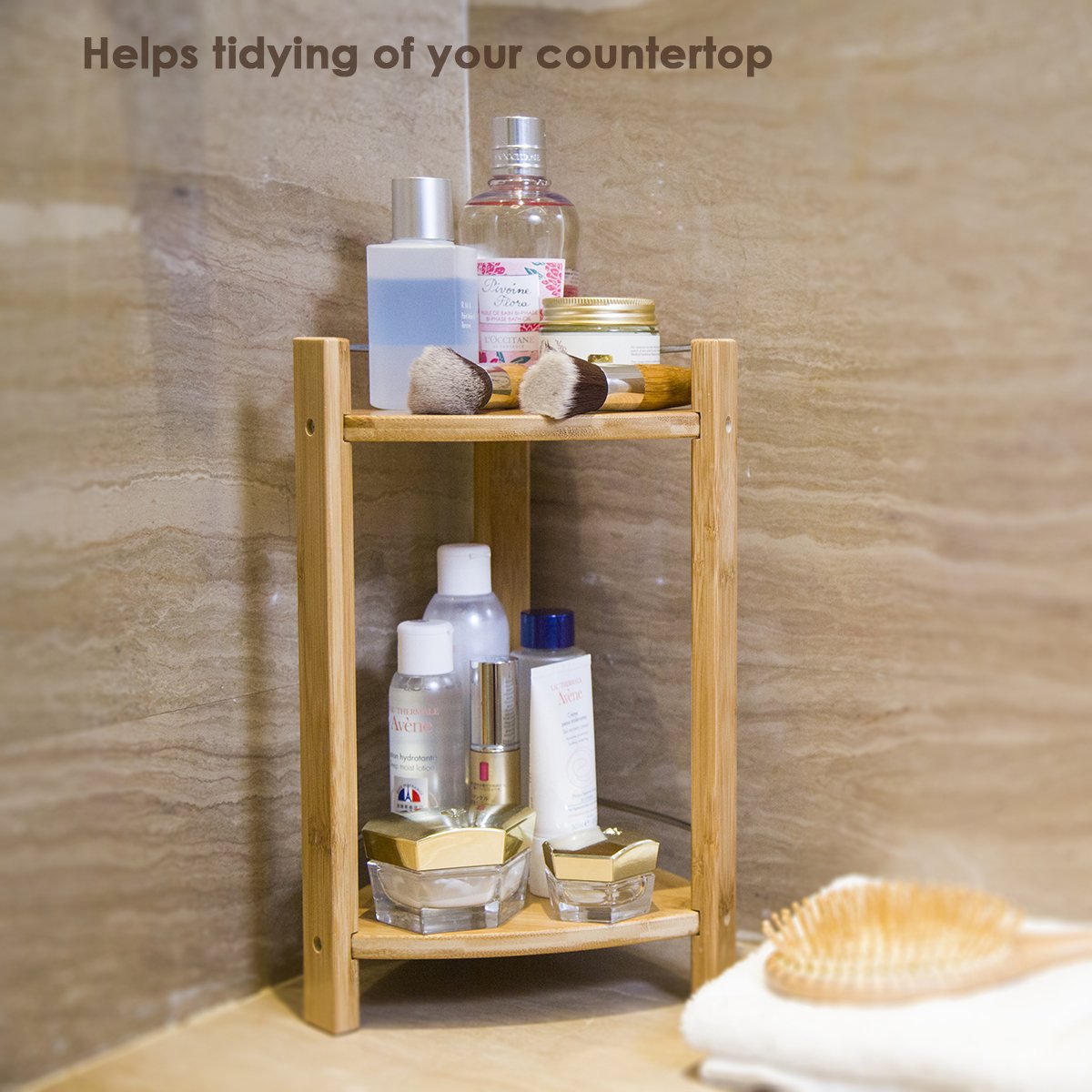 GOBAM Bamboo Shower Corner Caddy - 2 Tier Standing Shower Organizer for Shampoo, Conditioner, Soap & Beauty Products - Bathroom Storage Shelf for Kitchen, Bedroom or Office - Perfect for Small Spaces & Clutter-Free Showers
