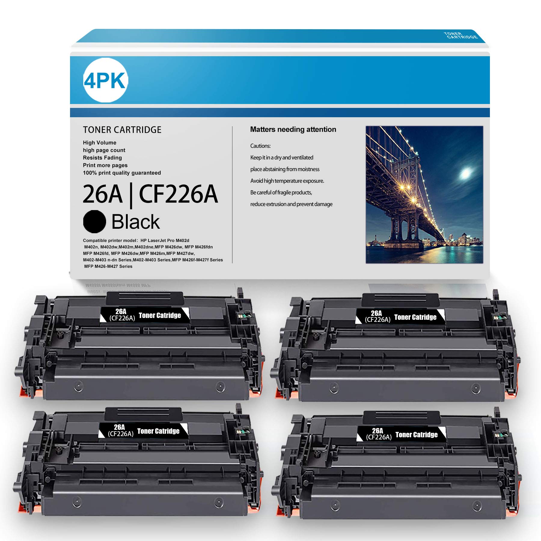 High-Yield 26A | CF226A Black Toner Cartridge Replacement (4-Pack) - Compatible with HP Pro M402n/M402dn/M402dw/M402m/MFP M402dne/M426dw/M426fdn/M426fdw/M426m/M402-M403 Series Printers - Perfect for Office & Home Printing Needs