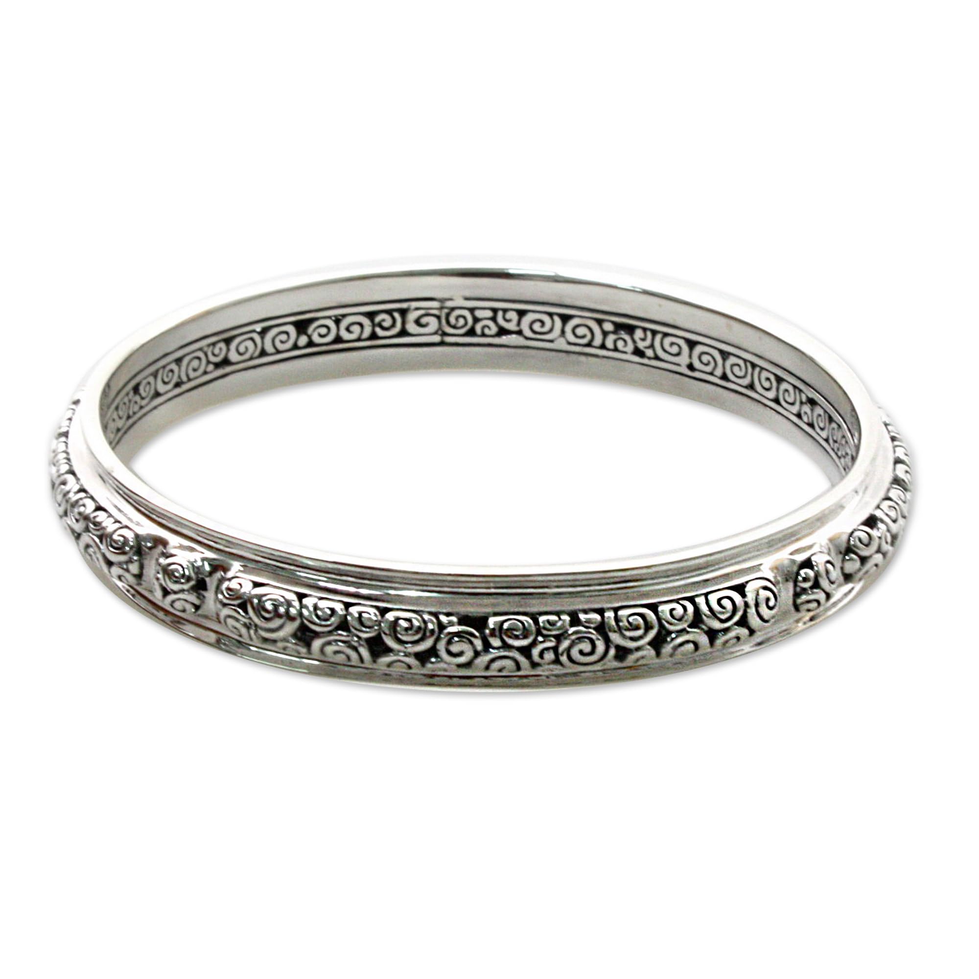 Handmade Sterling Silver Bangle Bracelet - 7.75 Inch Circle of Life Design | Artisan Jewelry from Indonesia | Perfect for Boho Fashion & Special Occasions