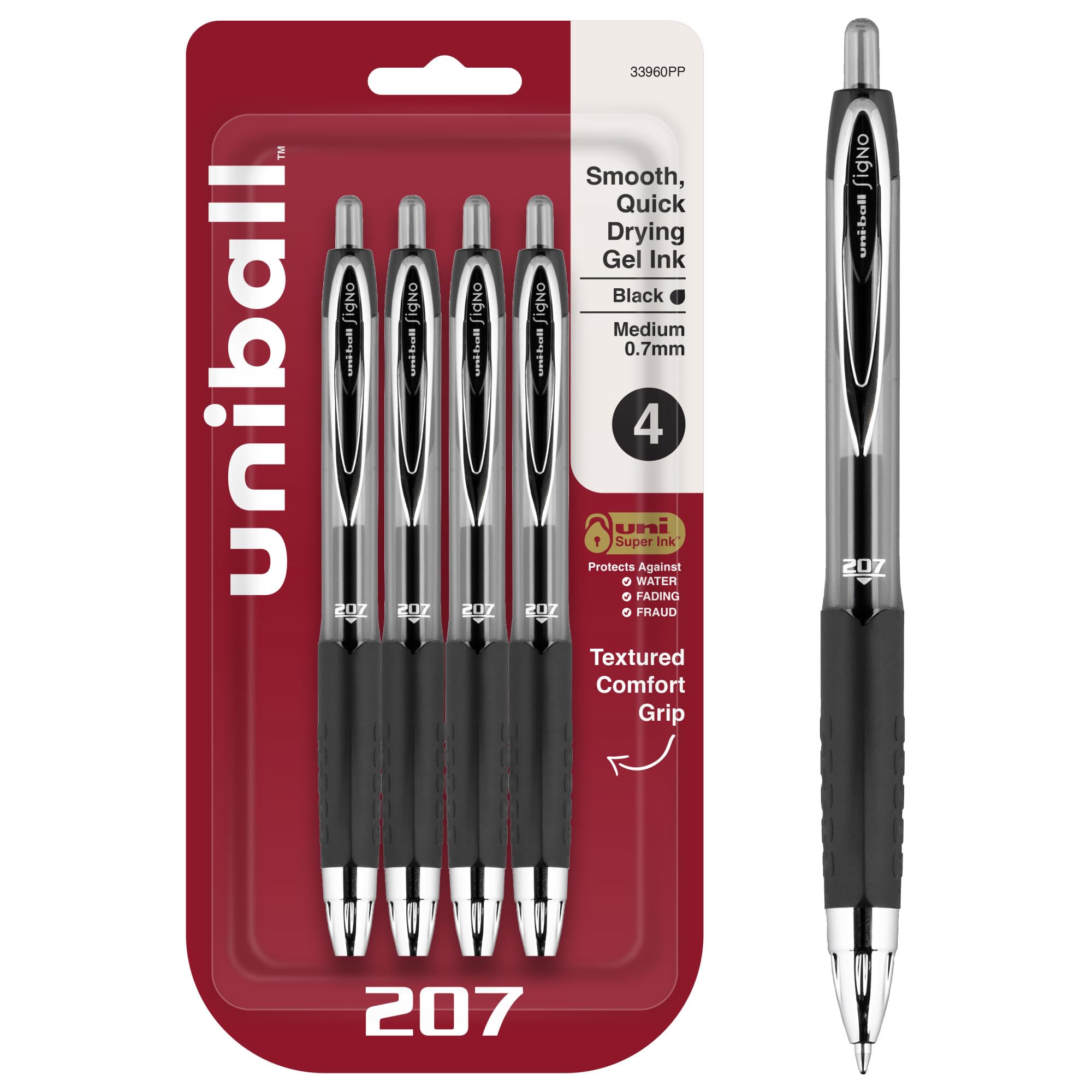 Uni-ball 207 Retractable Gel Pens - Medium Point 0.7mm Black Ink - 4 Pack - Smooth Writing for Office, School & Note Taking
