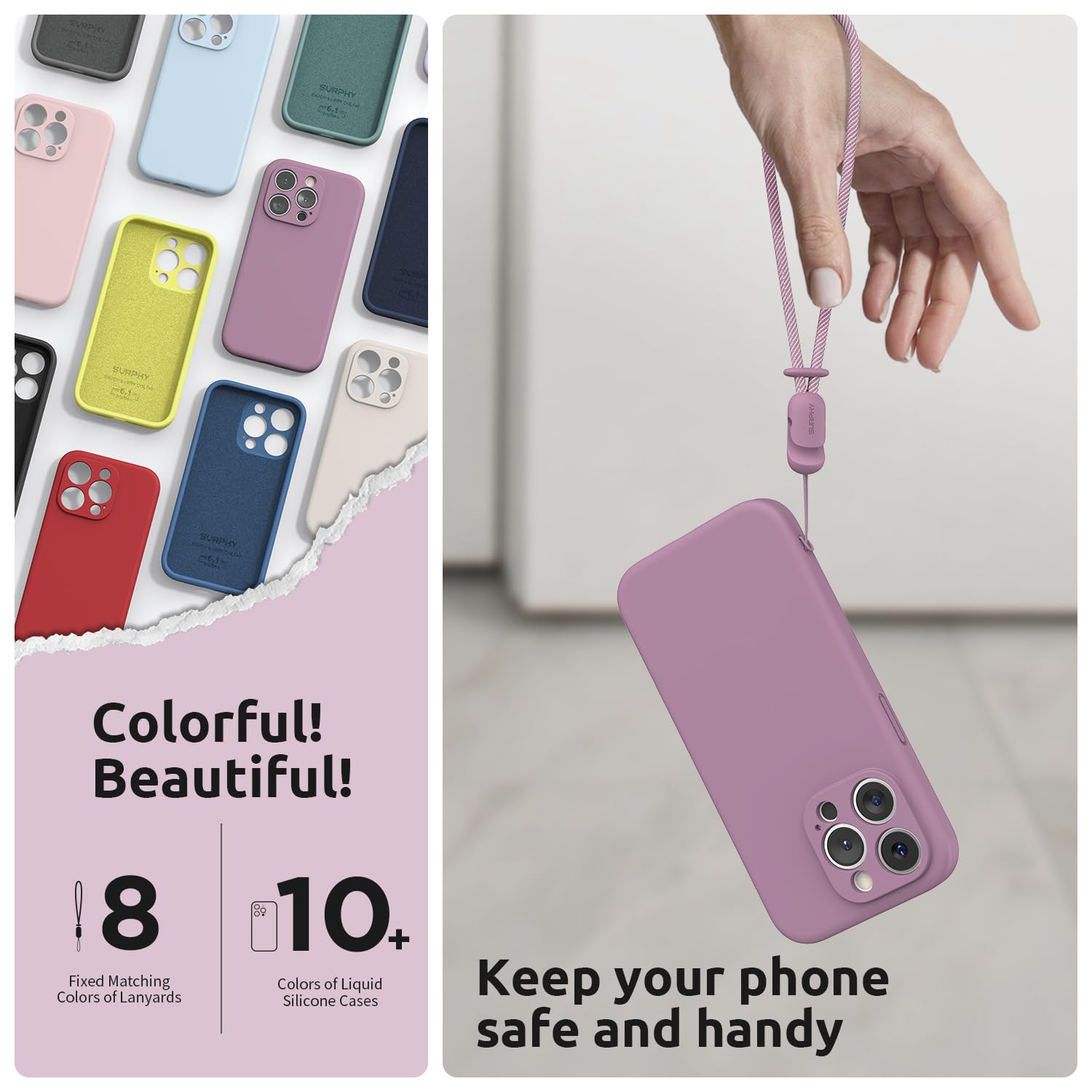 SURPHY iPhone 15 Pro Case 6.1 inch (2023) - Premium Liquid Silicone Protective Cover with Built-in Screen Protector, Camera Protection & Soft Microfiber Lining - Includes Lanyard & Phone Strap (Lilac Purple) - Perfect for Everyday Use, Travel & Outdoor Activities