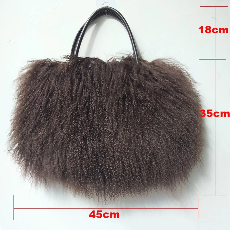 Genuine Mongolia Lamb Fur Handbag for Women - Natural Long Hair Fur Shoulder Bag - Elegant Tote Purse for Casual & Winter Fashion - Perfect for Daily Use, Office, and Special Occasions