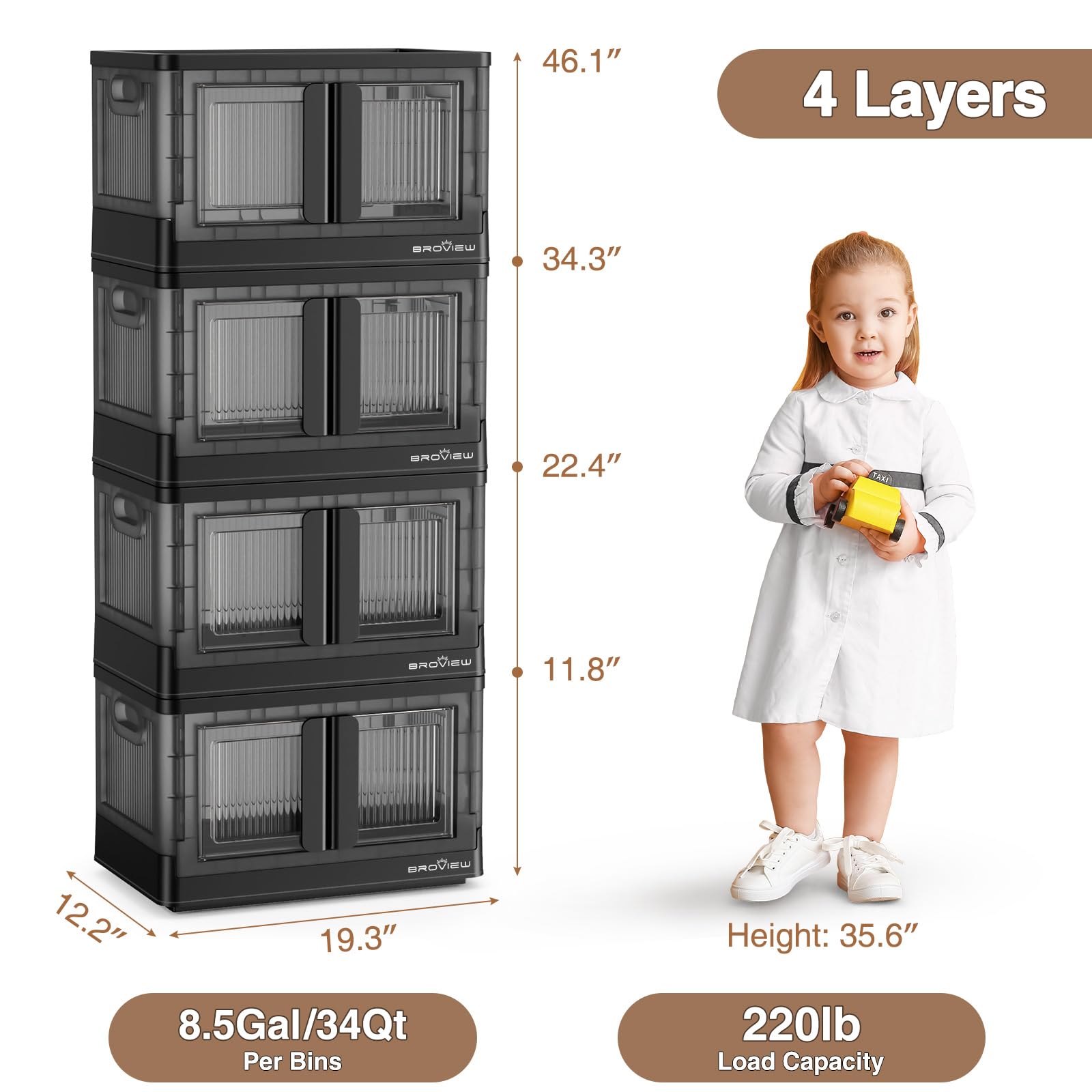 V6 136 QT Stackable Storage Bins with Lids & Wheels - Collapsible Folding Storage Cabinets with Doors for Closet, Home Office, Dorm Organization (Black) | Perfect for Seasonal Clothes, Toys, and Household Items Storage