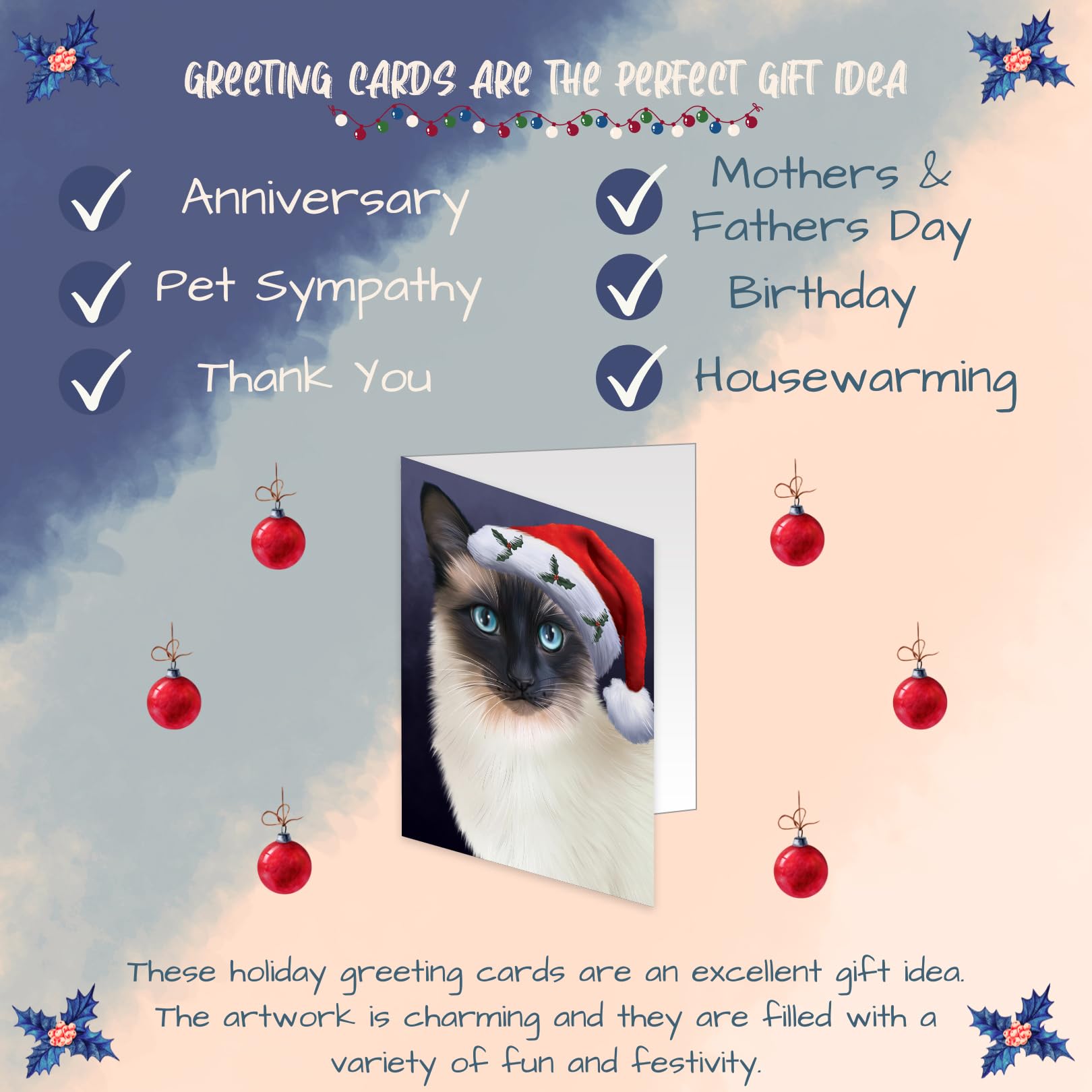 Christmas Santa Hat Wearing Siamese Cat Greeting Cards - 10 Adorable Pet Holiday Cards with Envelopes - Cute Cat Christmas Invitations for Pet Lovers - Perfect for Holiday Parties, Gift Exchanges & Festive Greetings