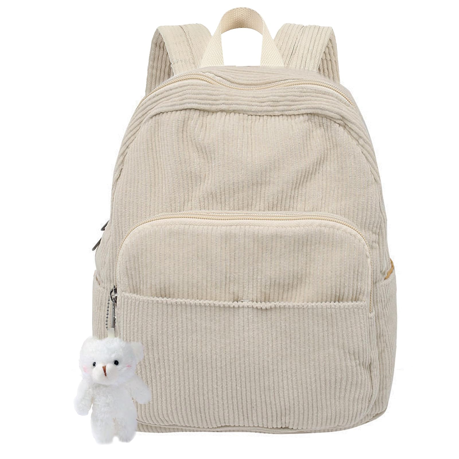 Mini Backpack for Women & Girls - Small Cute Corduroy Bookbag with Bear Pendant - Perfect for School, Travel & Daily Use - Great Gift Idea