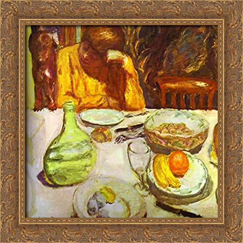 Pierre Bonnard Framed Canvas Art - Marthe Bonnard With Her Dog 20x20 Gold Ornate Wood Carafe Painting | Vintage Home Decor, Living Room Wall Art, Office Decor Gift
