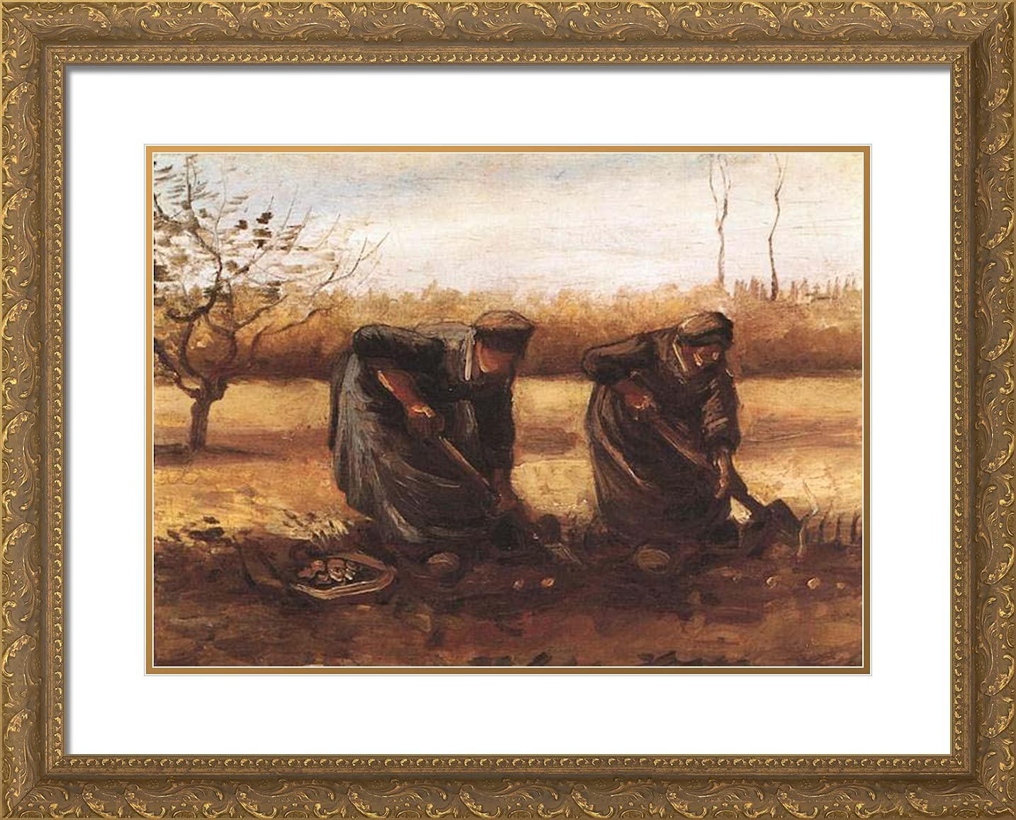 Van Gogh Two Peasant Women Digging Potatoes 24x20 Gold Ornate Framed Art Print with Double Matting - Wall Decor for Living Room, Bedroom & Office