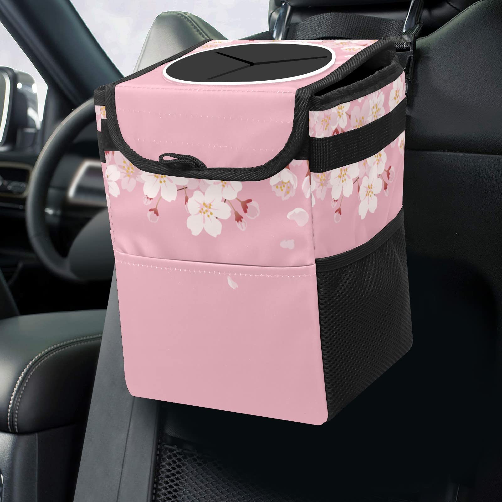 Portable Car Trash Can with Water-Resistant Coating - No Installation Needed, Large Capacity Car Organizer for Sedan, SUV & Truck Interior Accessories | Perfect for Road Trips, Commuting & Family Travel (Cherry Blossom Design)