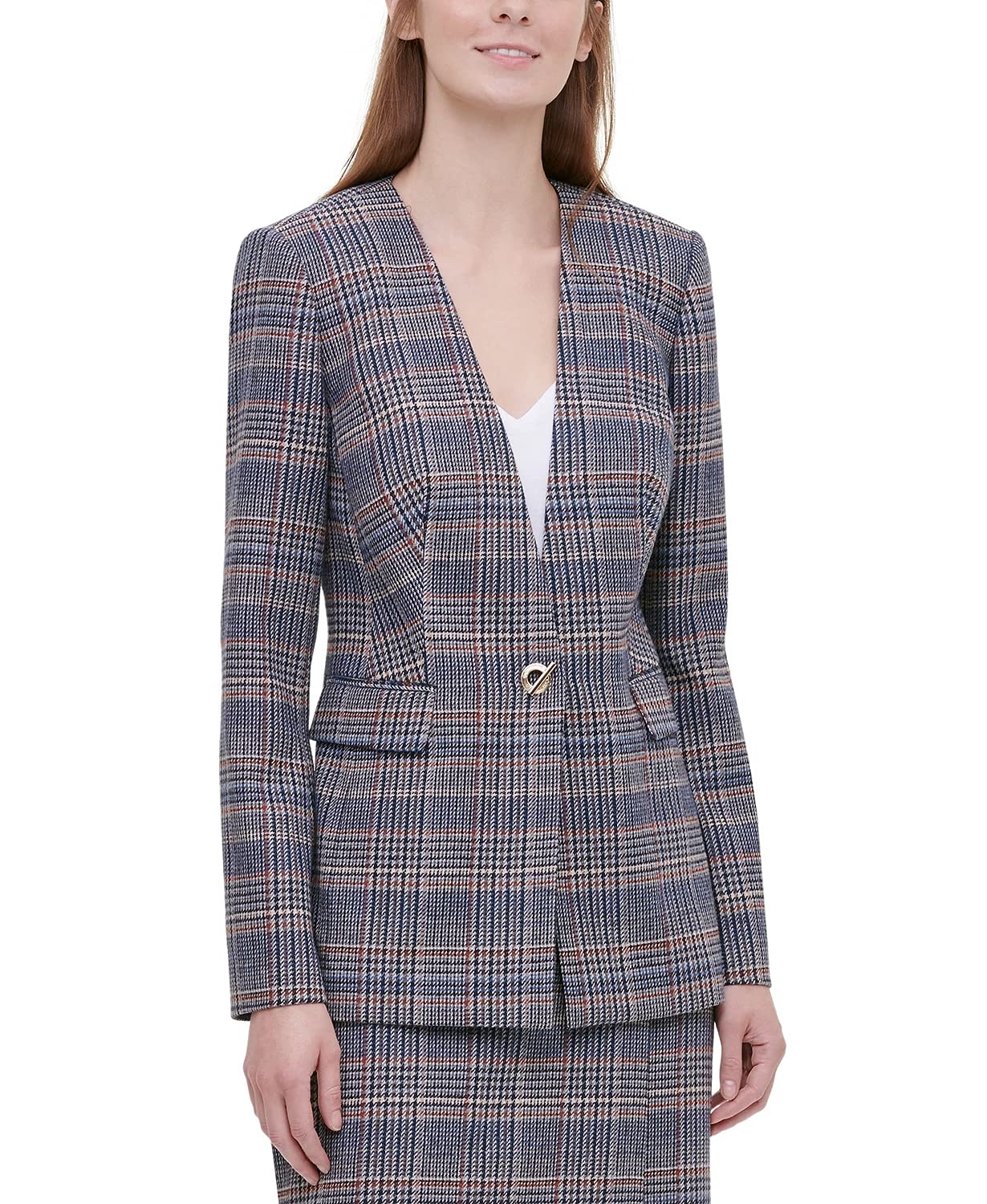 Calvin Klein Women's Plaid Tweed Blazer Jacket - Navy Multi Color, Size 10 | Classic Office Wear, Business Casual Outfit, Professional Work Attire for Women