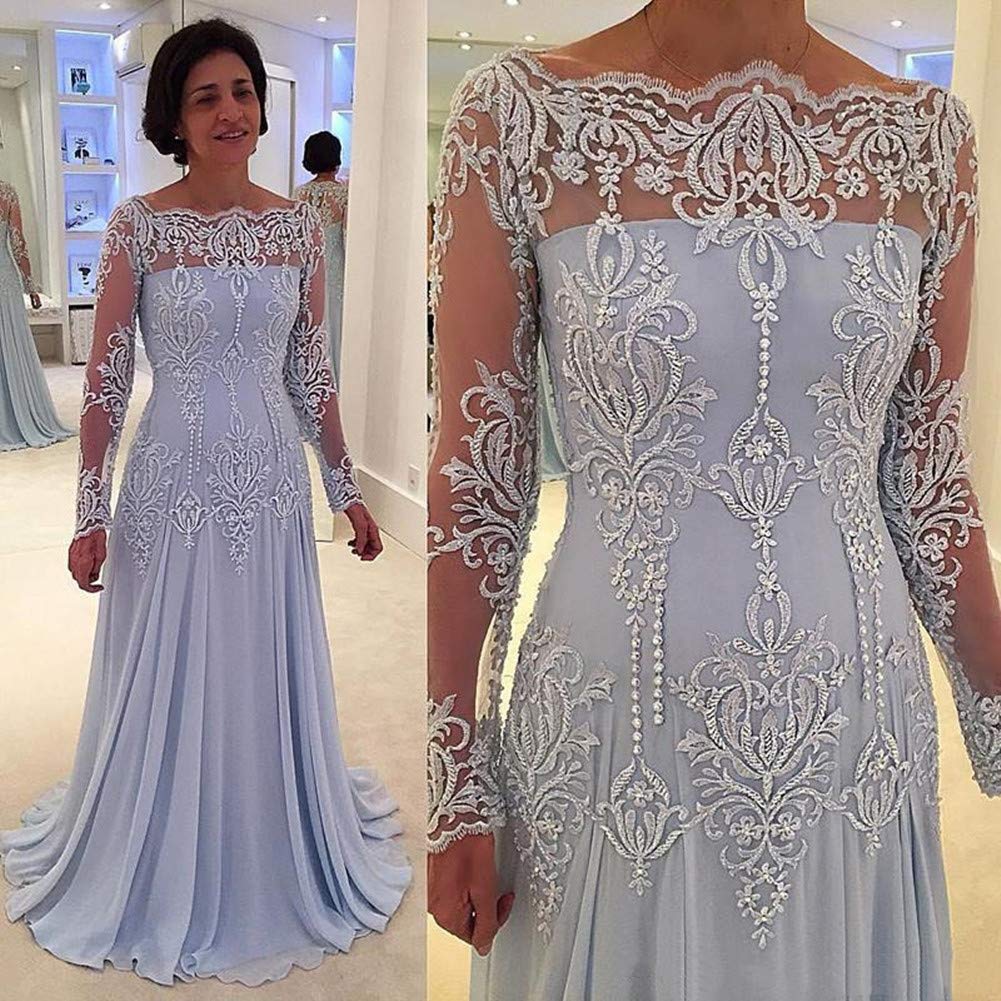 Honeydress Women's Long Sleeve Chiffon Wedding Dress - Off Shoulder Lace Embroidery Beaded Prom Gown for Mother of Bride (White) | Perfect for Weddings, Formal Events & Special Occasions