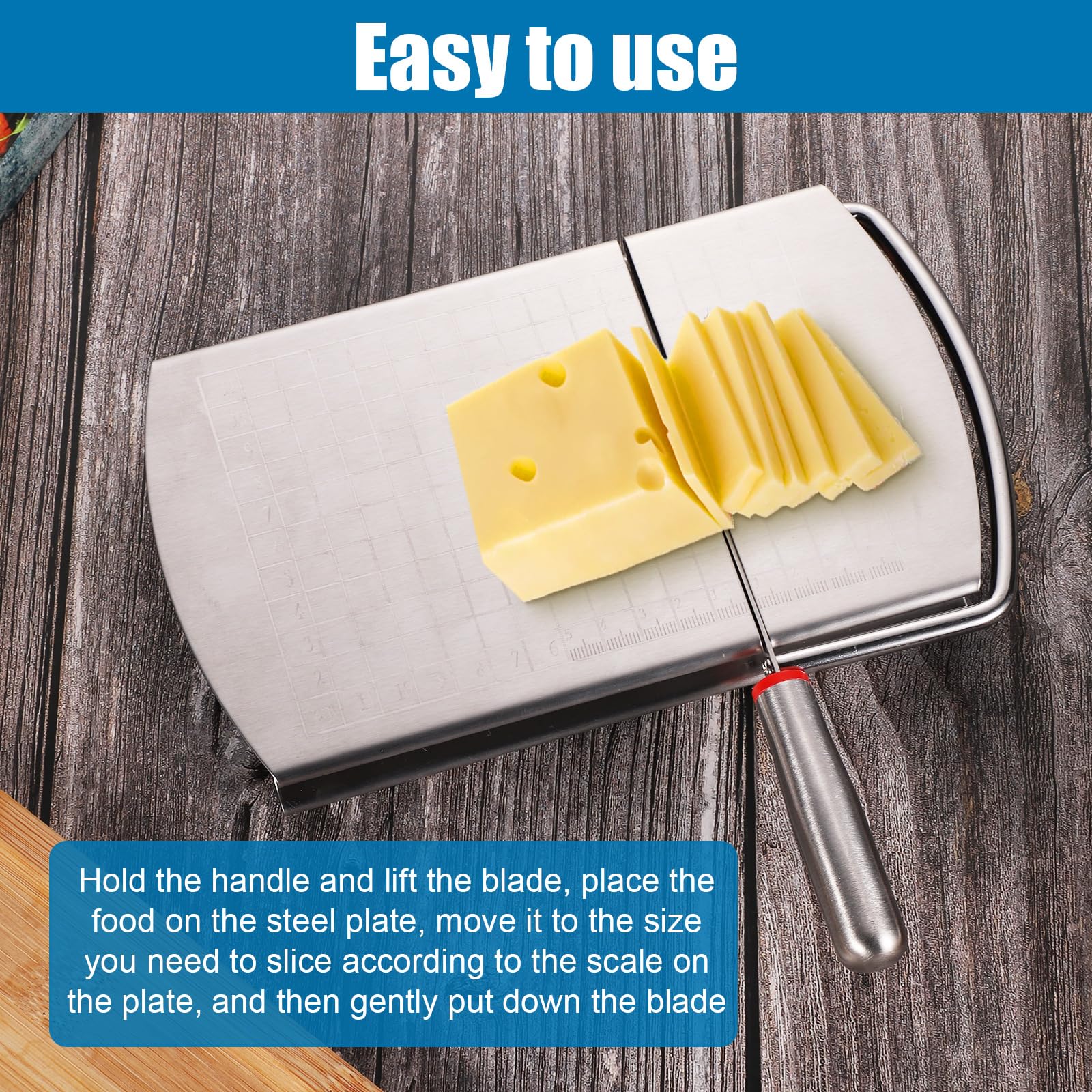Premium Stainless Steel Cheese Slicer & Cutter Board with Sharp Blade - Multi-Purpose Food Slicer for Cheese, Butter, Sausage, Ham - Includes Measurement Scale for Precise Cuts - Perfect for Kitchen, Charcuterie Boards & Party Platters