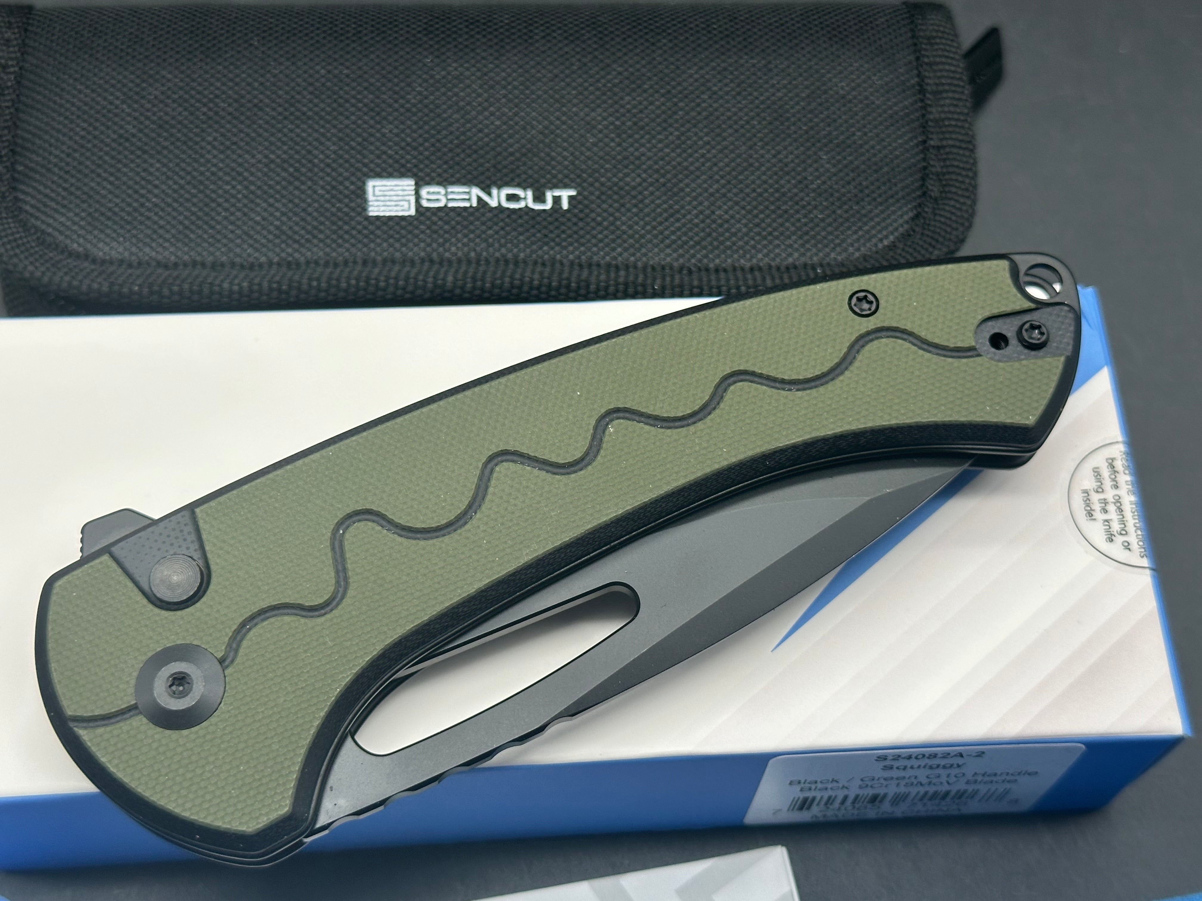 SENCUT SQUIGGY Folding Pocket Knife - 9CR18MOV Black Blade with Black/Green G10 Handle - EDC, Camping, Hiking & Outdoor Survival Tool