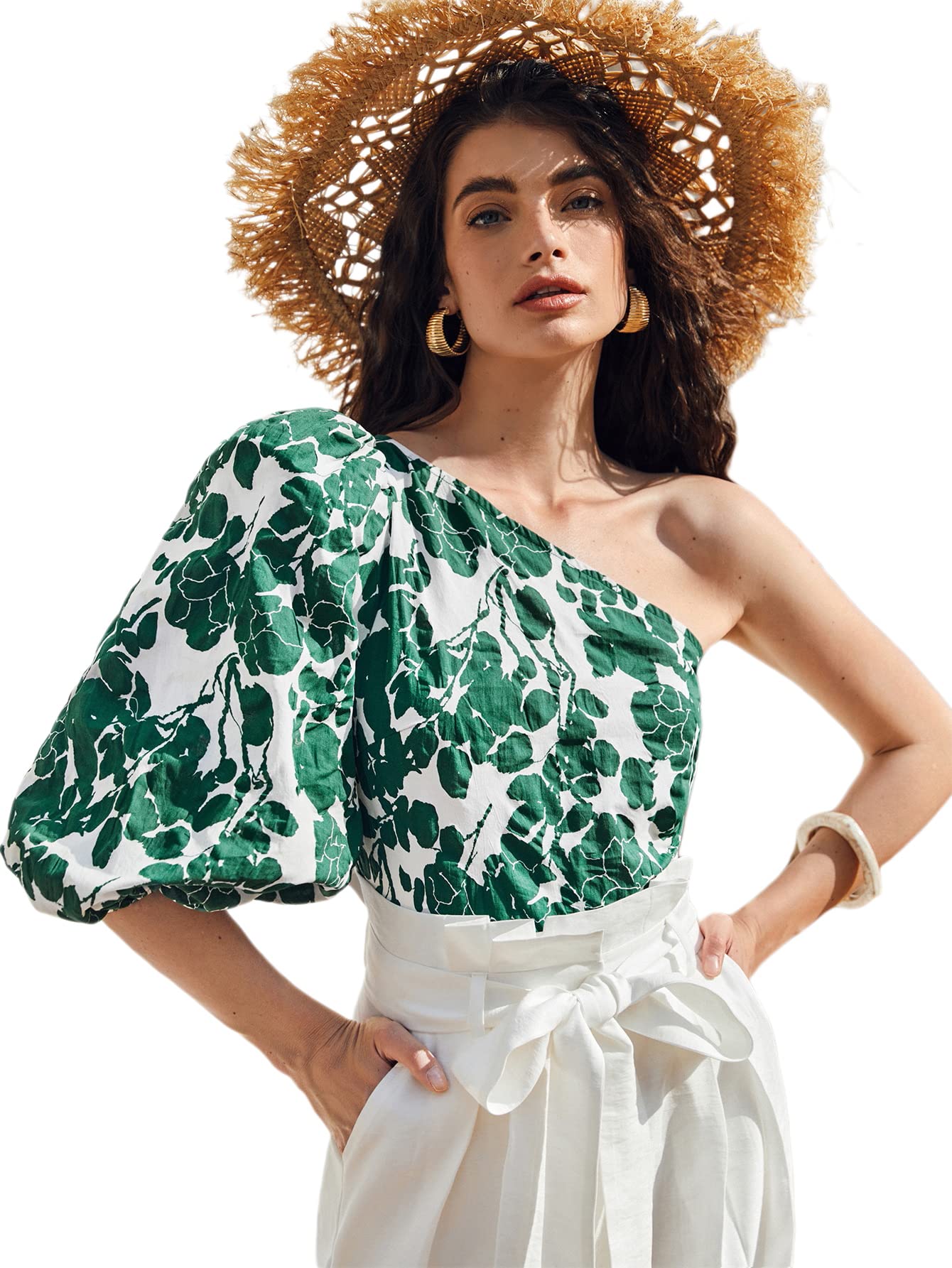 Romwe Women's One Shoulder Puff Sleeve Blouse - Ruched Side Boho Crop Top for Summer, Party & Casual Wear | Trendy Women's Fashion Tops for Outfits & Instagram Looks