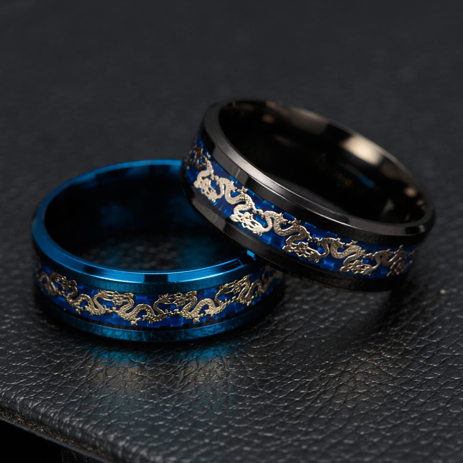 Premium Titanium Steel Dragon Ring for Men - Inlaid Gold & Blue Black Celtic Design - Durable & Stylish Jewelry for Gifts, Parties, and Fashion Accessories