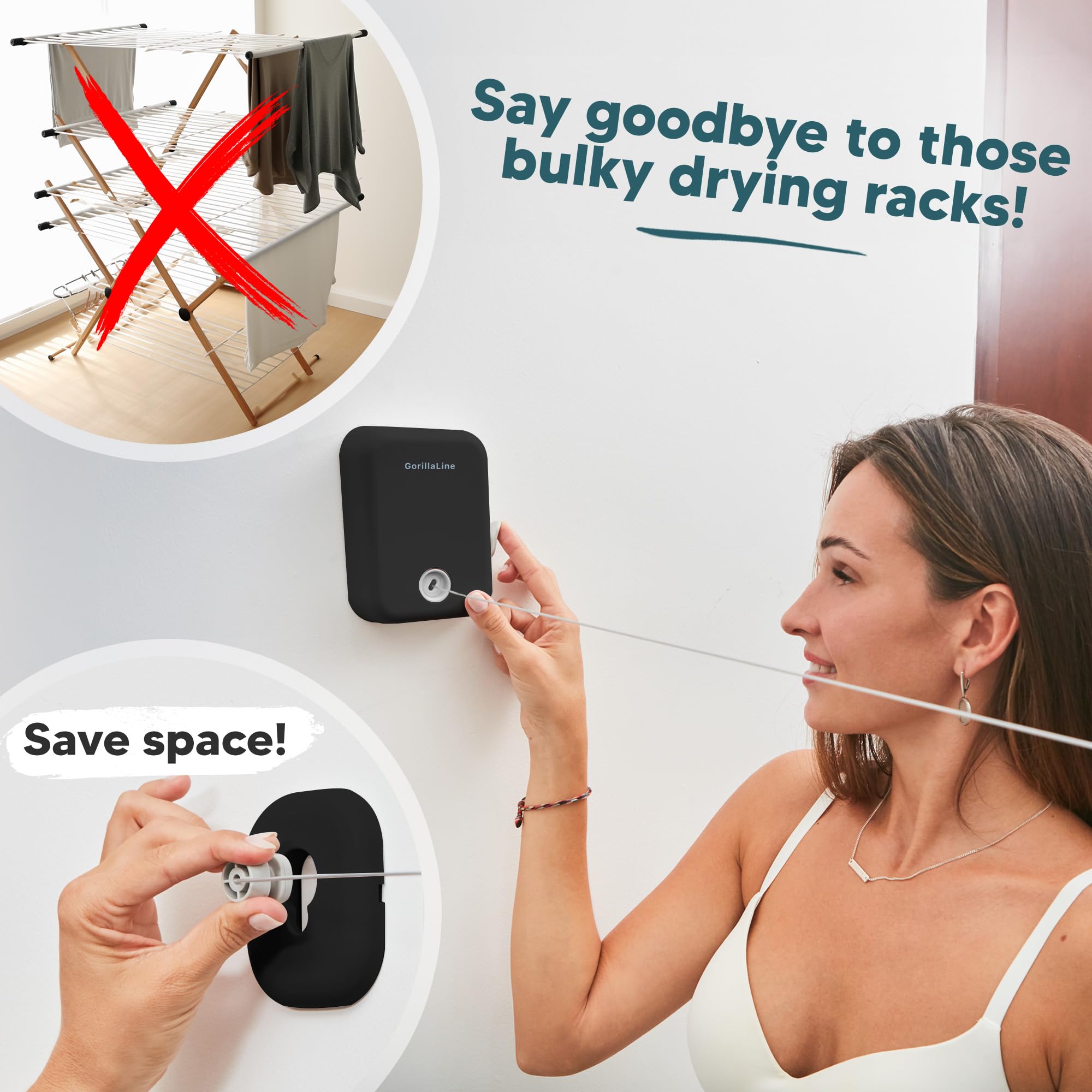 GorillaLine Retractable Clothesline - Heavy Duty Indoor/Outdoor Wall Mounted Laundry Drying Rack for Clothes - Perfect for Apartments, Camping & Small Spaces (Air Dry Clothing Solution)