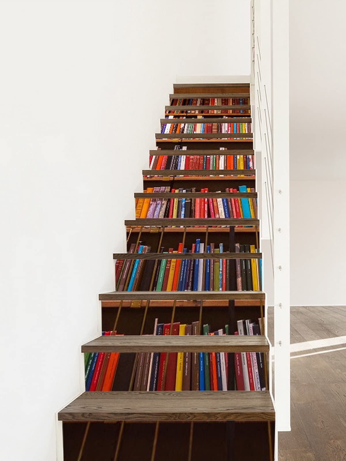 3D Self-Adhesive Removable Stair Decals - Vintage Sweden Library Bookshelf Design - 13-Piece Vinyl Stair Riser Stickers for Kitchen, Tile & Wall Decor | Perfect for Home Renovation, Staircase Makeover & Creative Interior Design