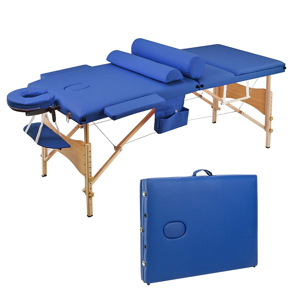 3-Section Folding Portable Massage Table Set - 60cm Wide, Blue | Professional Spa, Home Massage & Physical Therapy Use