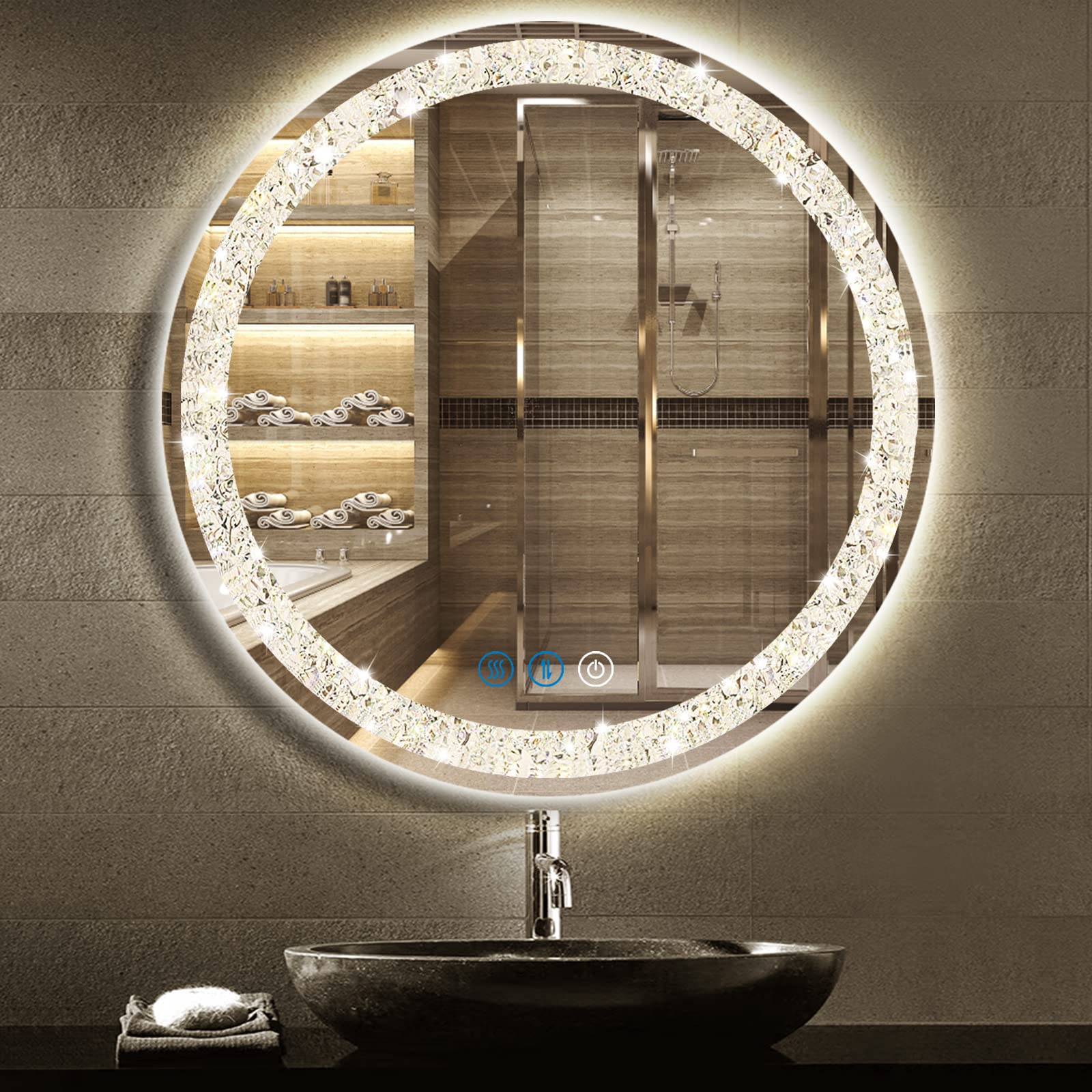 20 Inch Crystal LED Round Vanity Mirror with Lights - 3 Color Smart Memory, Dimmable & AntiFog - Diamond Circle Lighted Mirror for Bathroom Wall Mounted Makeup | Perfect for Home Spa, Dressing Room & Beauty Salon