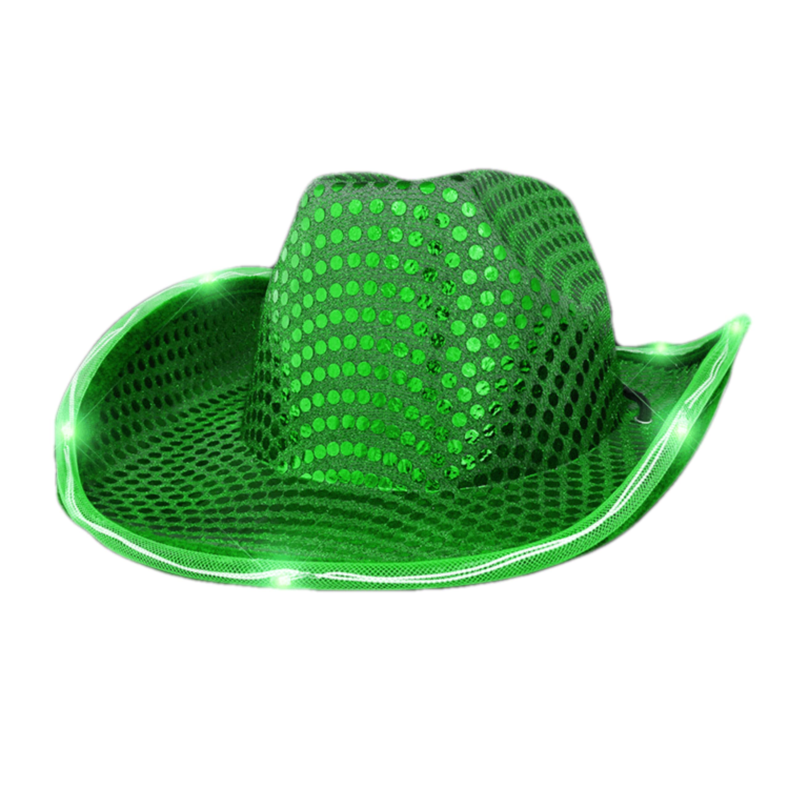 Blinkee Bridal Party Hat Pack - 11 Green LED Sequin Cowboy Hats & White LED Tiara Cowgirl Hat with Veil for Bachelorette Party, Wedding Reception & Western Theme Events