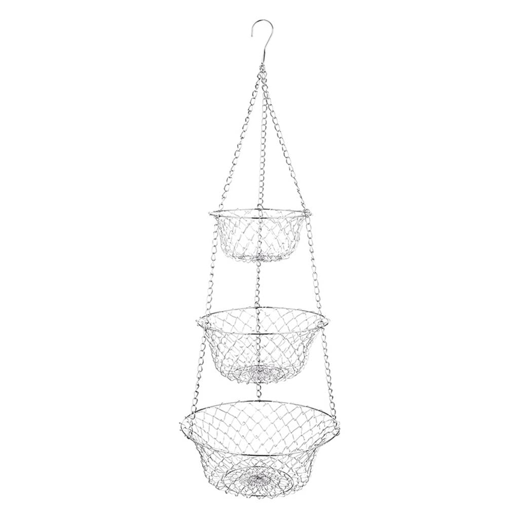 3-Tier Hanging Fruit Basket - Space Saving Kitchen Storage for Fruits, Vegetables & Plants - Silver Metal Chain Design - Perfect for Pantry, Countertop & Small Spaces