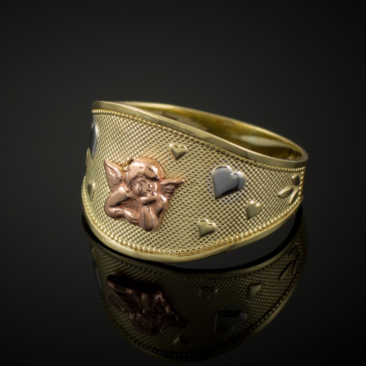 10k Tri-Tone Gold Guardian Angel Ring - Modern Love Heart Band for Women, Perfect for Valentine's Day Gifts, Anniversary Presents & Everyday Wear