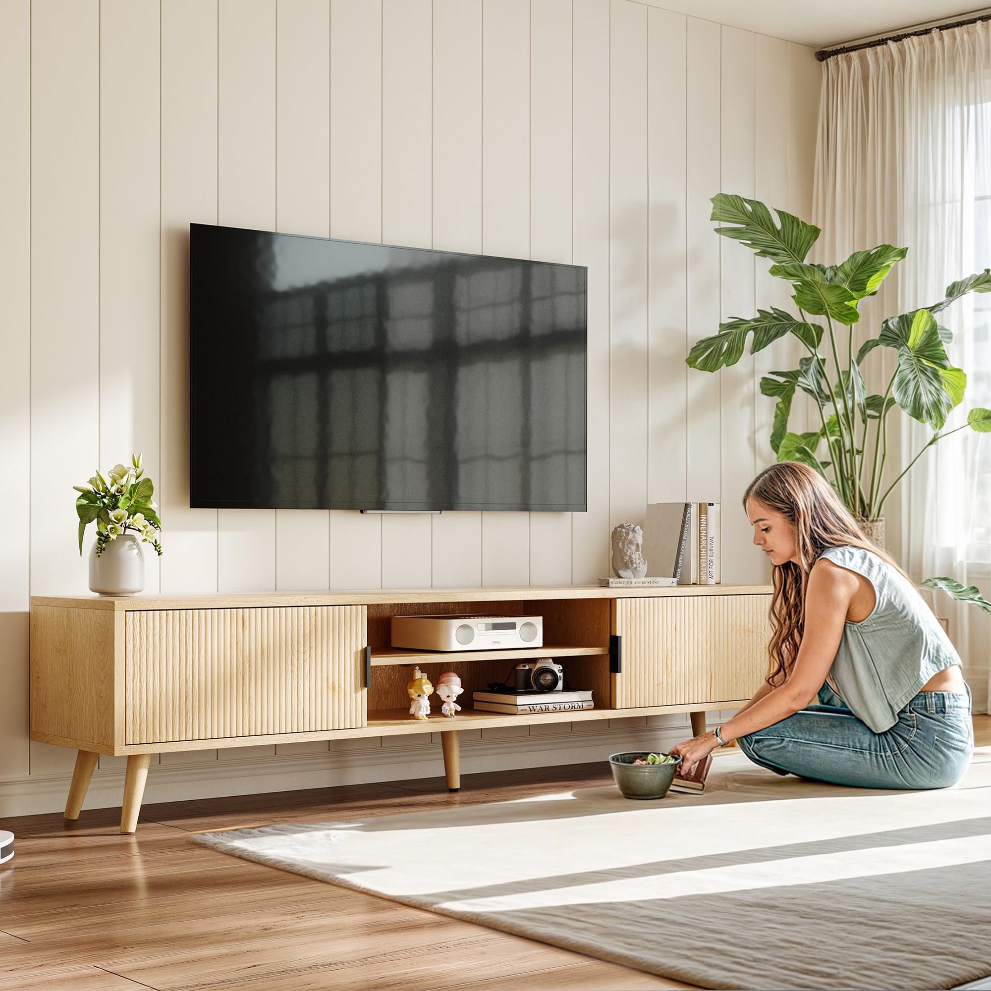 Mid Century Modern TV Stand for 70 Inch TVs - 62 Inch Entertainment Center with Storage, Media Console in Natural Finish - Perfect for Living Room, Home Theater & Office