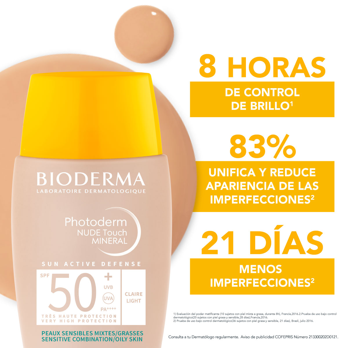 Photoderm NUDE Touch SPF 50+ Light Color Tinted Sunscreen - Oil-Free, Non-Greasy Face Sunscreen for Daily Wear & Sensitive Skin - Perfect for Beach, Outdoor Activities & Makeup Base