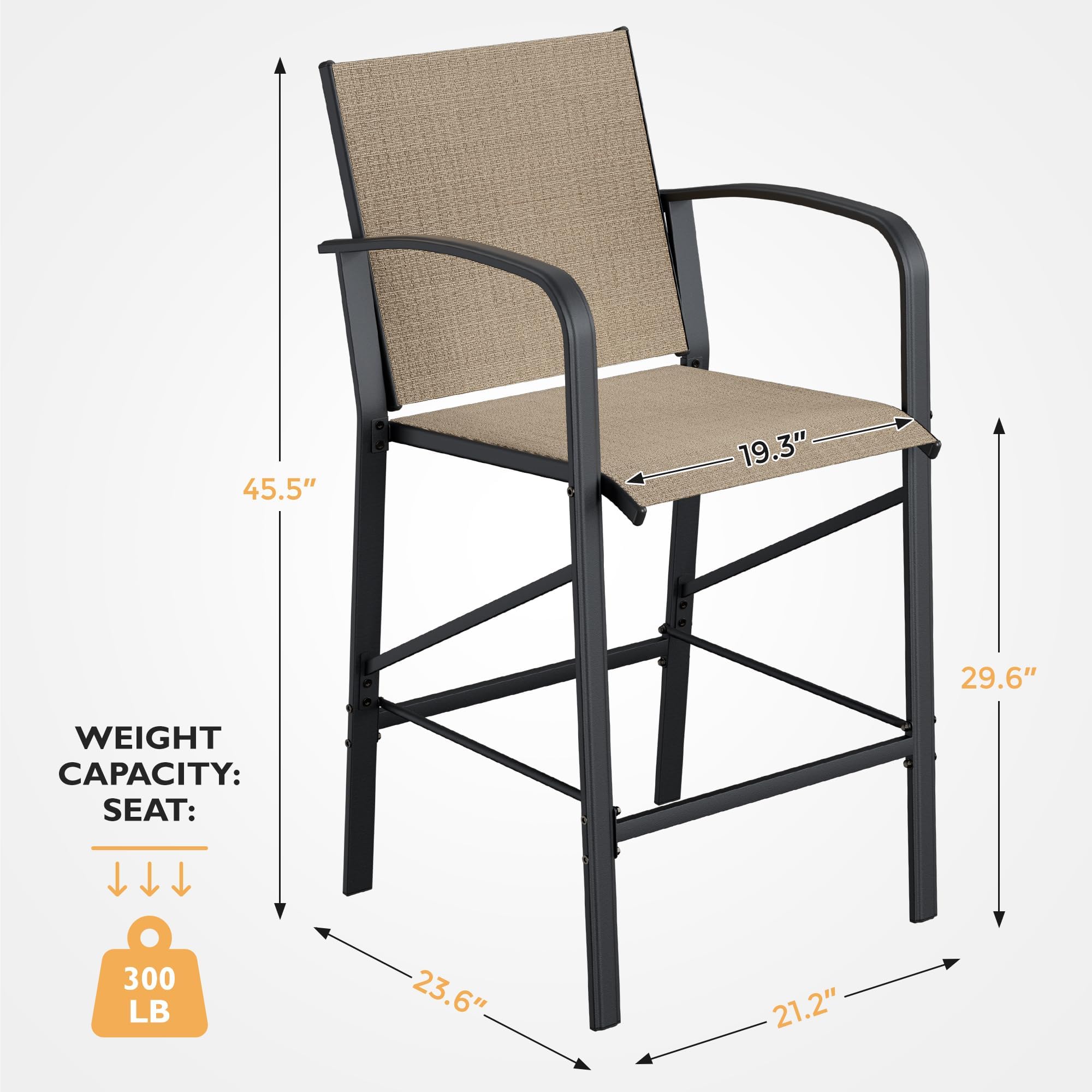 4-Piece Outdoor Bar Stools Set - Heavy Duty 300lb Capacity All-Weather Mesh Bar Height Chairs for Patio, Deck, Backyard & Poolside - Comfortable Brown Seating Furniture