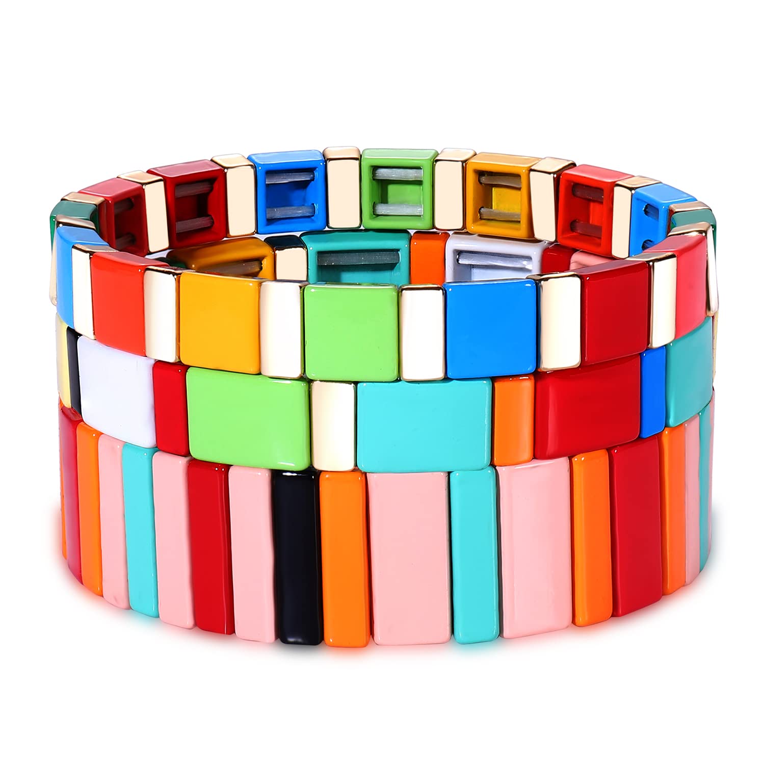 METOBAR Enamel Tile Tila Bracelets Set - Multicolor Bohemian Beaded Stretchy Elastic Bracelets for Women, Handmade Stackable Jewelry - Perfect for Festivals, Beach, and Boho Fashion