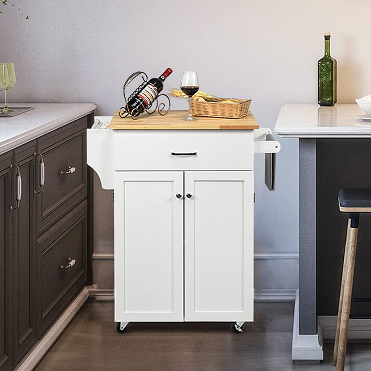 PETSITE Kitchen Island Cart with Wheels - Rolling Mobile Kitchen Storage Cabinet with Drawers, Spice Rack & Towel Rack - Perfect for Small Kitchens, Apartments & Food Prep Stations