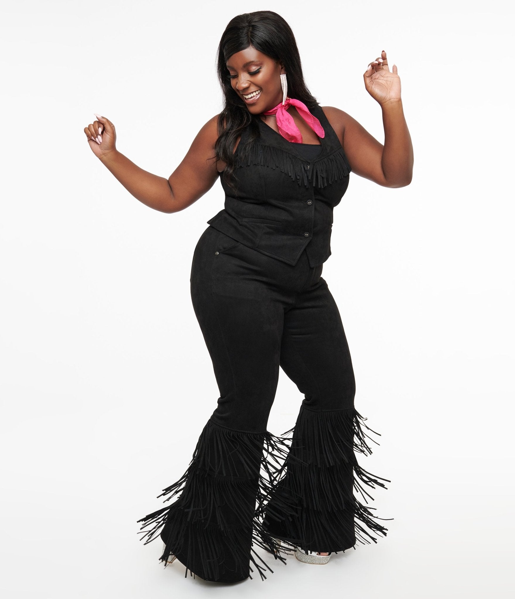 Smak Parlour 1970s Plus Size Black Suede Tassel Flare Pants for Women - Vintage Retro High Waisted Wide Leg Pants for Casual Wear & Party Outfits