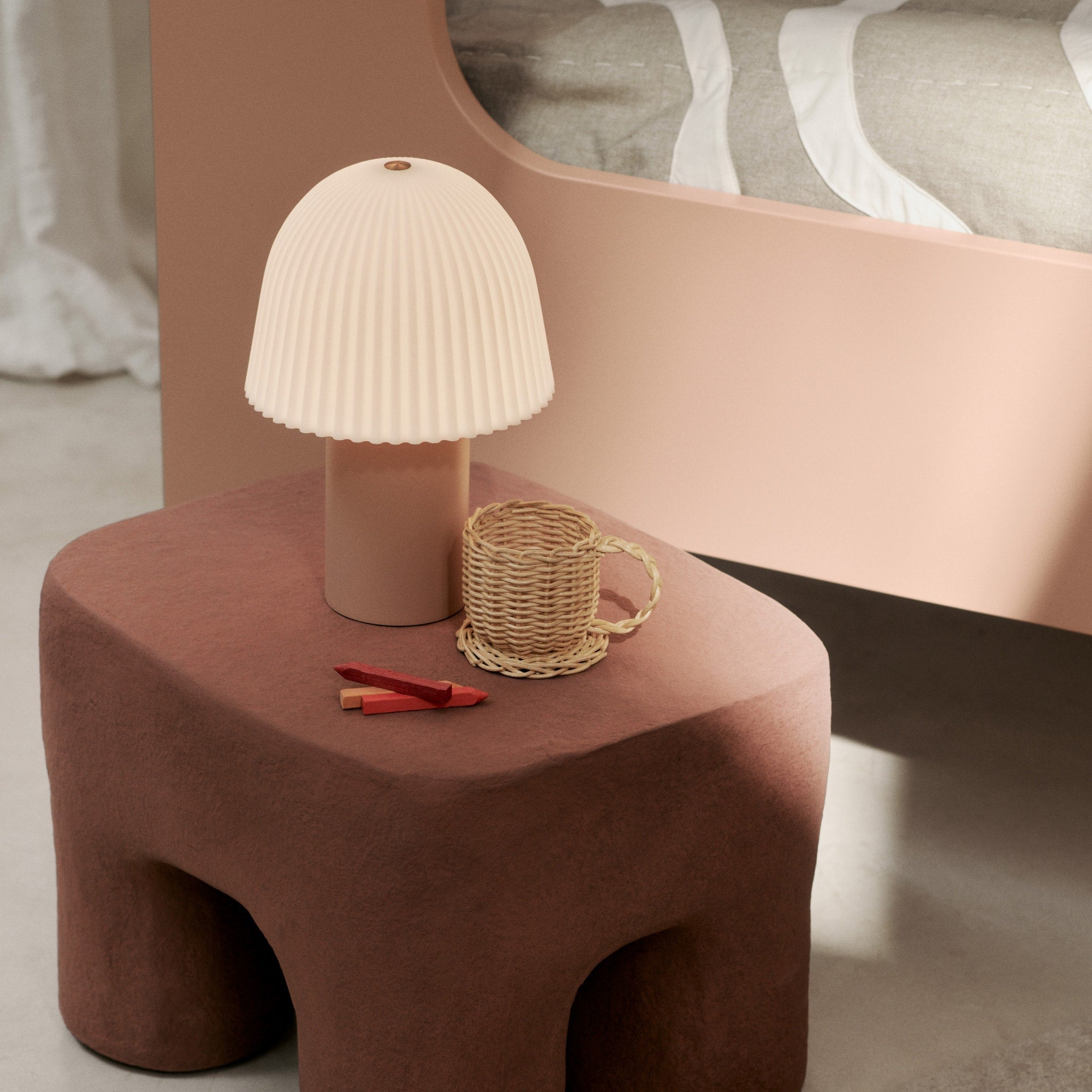 FERM LIVING Frill Portable Lamp - Rose & White Rechargeable LED Table Light for Bedroom, Living Room, and Outdoor Use