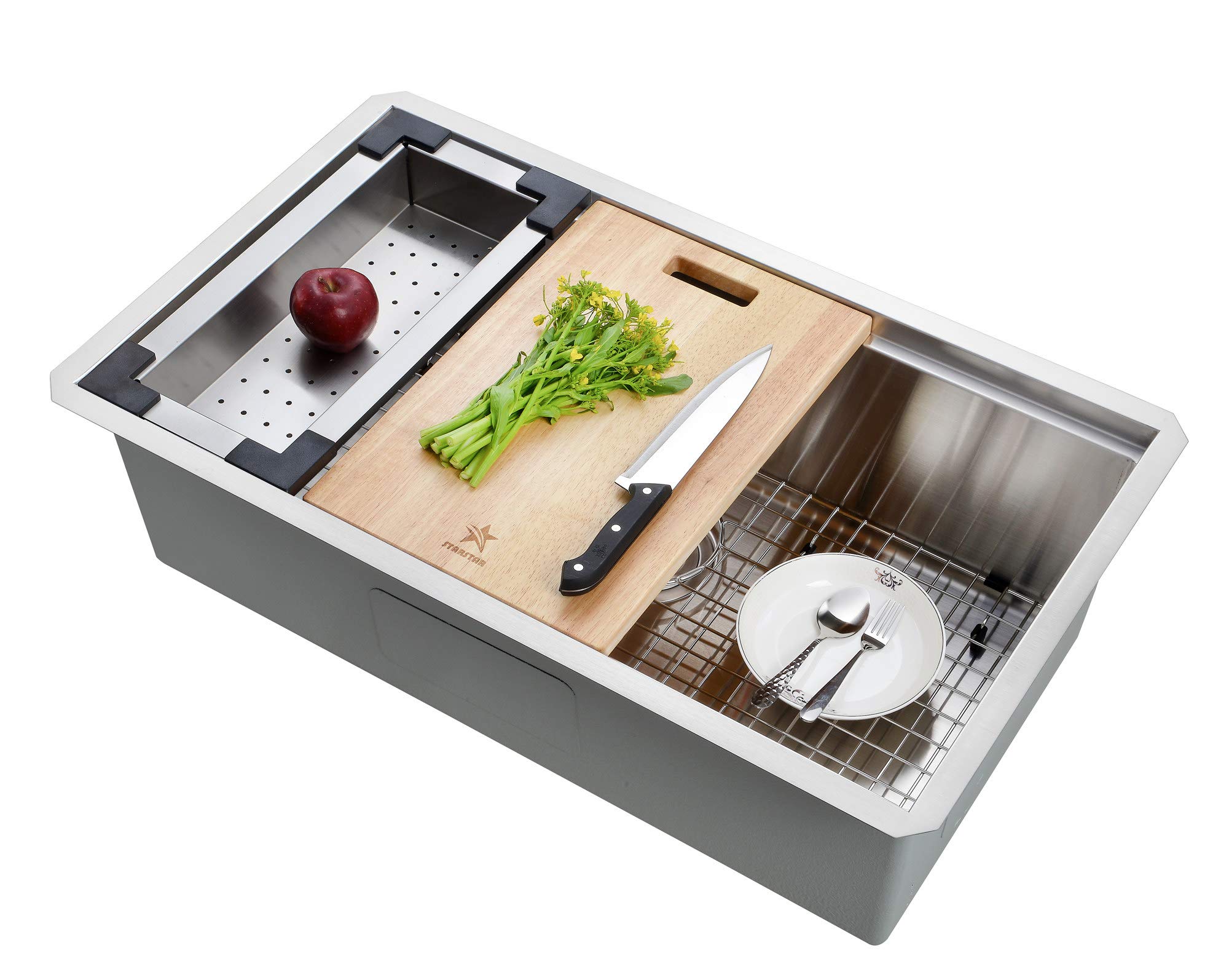 STARSTAR 30 x 19 Inch Undermount Single Bowl 304 Stainless Steel Kitchen Sink with Drainboard, Cutting Board & Colander - Durable Workstation Sink for Modern Kitchens, Food Prep & Dishwashing