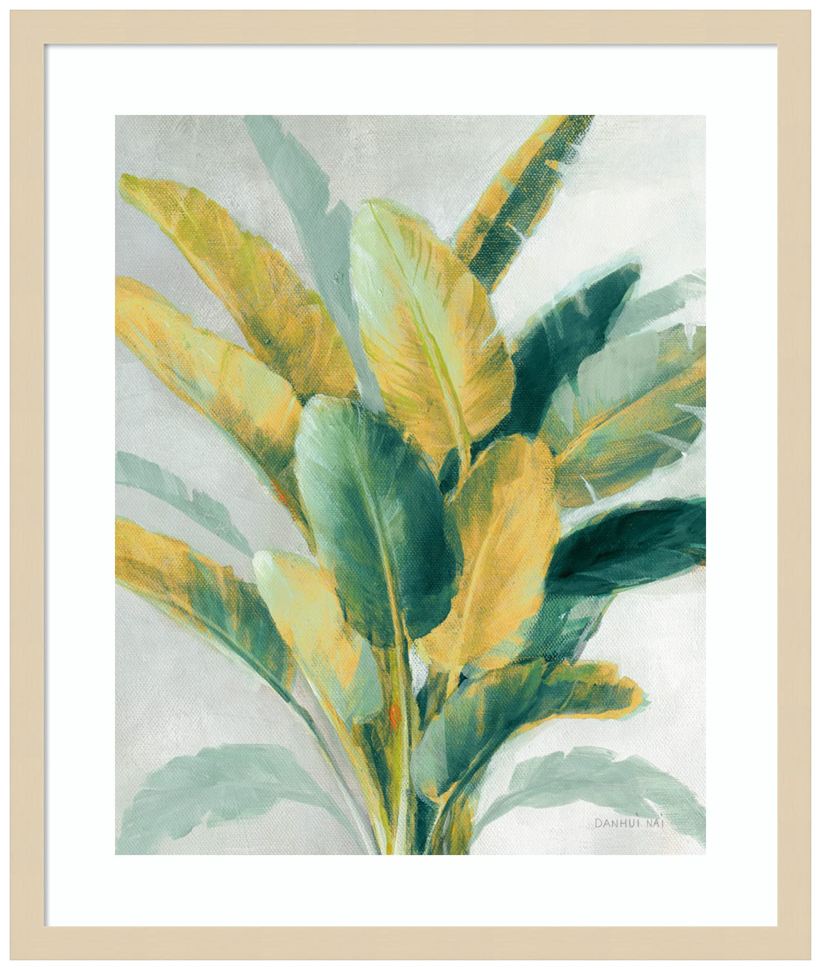 Danhui NAI Greenhouse Palm II Teal Green & Gold Framed Wall Art Print - 21x25 Inches Wood Frame - Tropical Botanical Decor for Living Room, Bedroom & Office