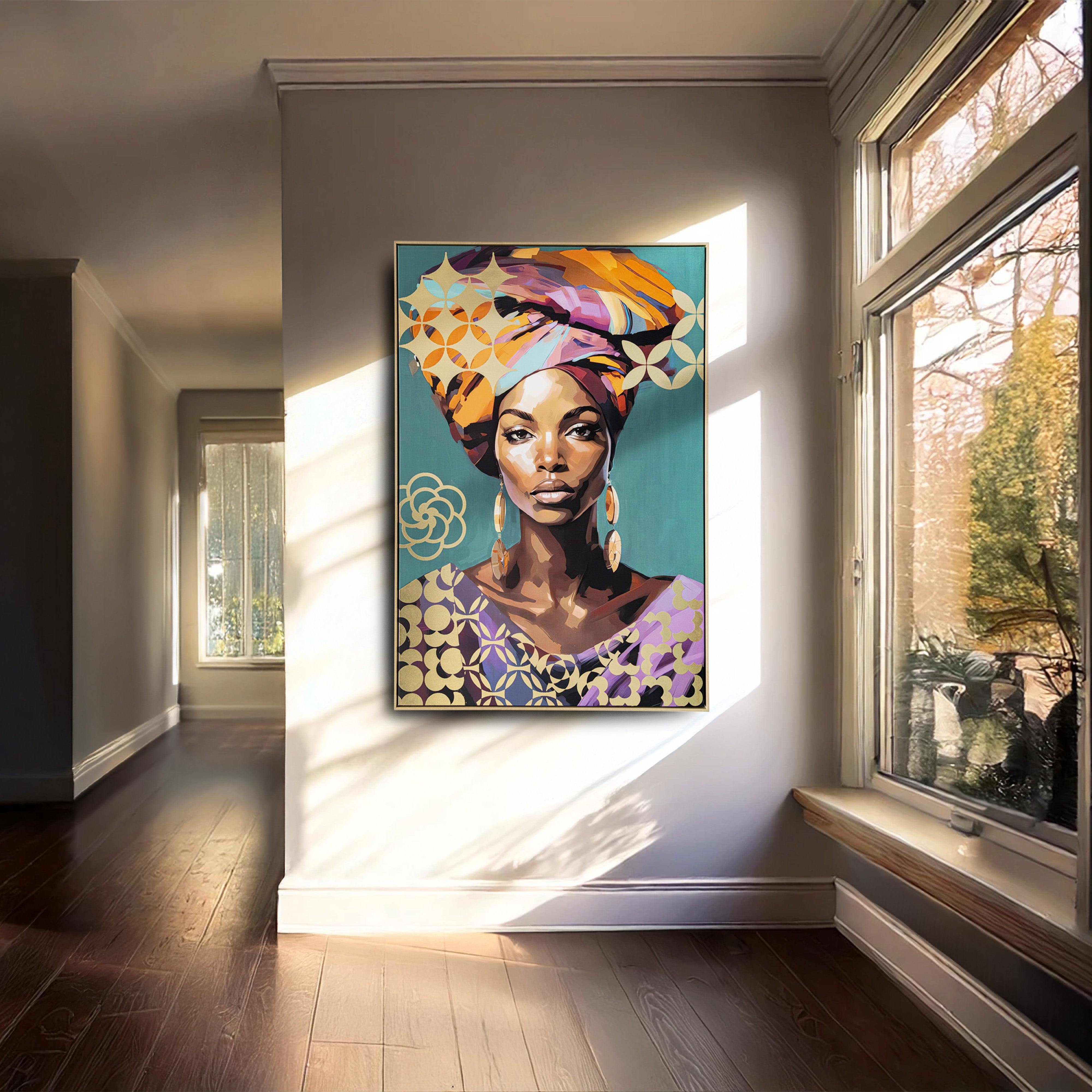 Urban Style Brushmarks Foiled Canvas African Woman Teal Wall Art - Handmade Home Decor for Living Room, Bedroom & Office