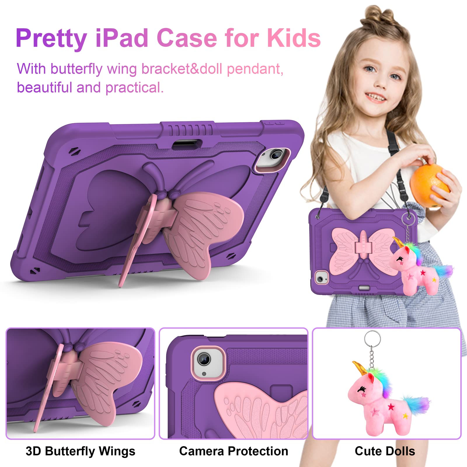 iPad Air 5th/4th Gen & iPad Pro 11 Inch Case (2022) with Screen Protector - Butterfly Stand, Strap, Pencil Holder & Hard Cover for Kids Girls - Purple | Perfect for School, Travel & Playtime
