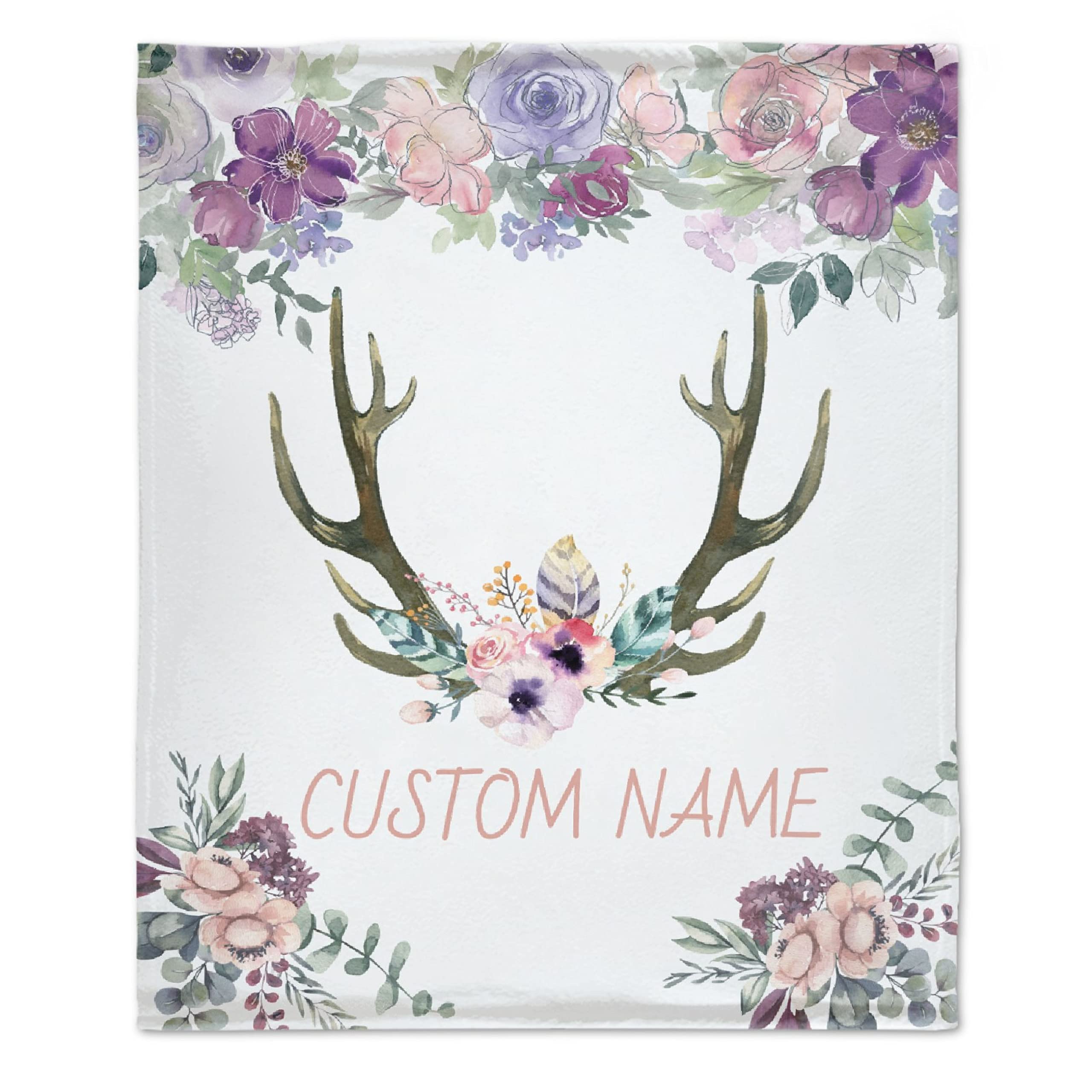 Personalized Baby Blanket with Name - Deer & Floral Pink Fleece Blanket for Girls, Boys, Baby Shower Gift - 120