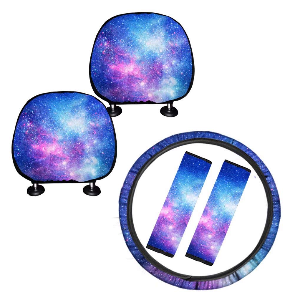 Pensura 5-Piece Car Seat Headrest Cover Set with Galaxy Design Steering Wheel Cover & Seat Belt Shoulder Pads - Universal Fit for Truck, Jeep, SUV & Auto Interior Accessories - Perfect for Road Trips & Daily Commutes