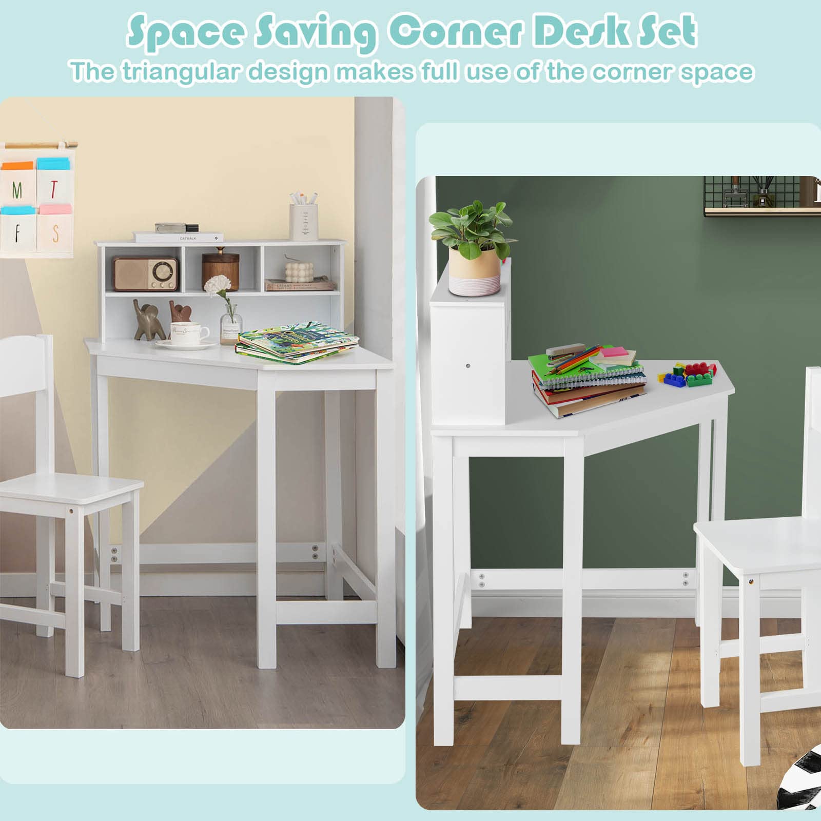 Costzon Kids Desk and Chair Set - White Study Table with Hutch for Small Spaces | Children's Bedroom & School Workstation | Space-Saving Computer Desk for Homework, Online Learning & Creative Activities