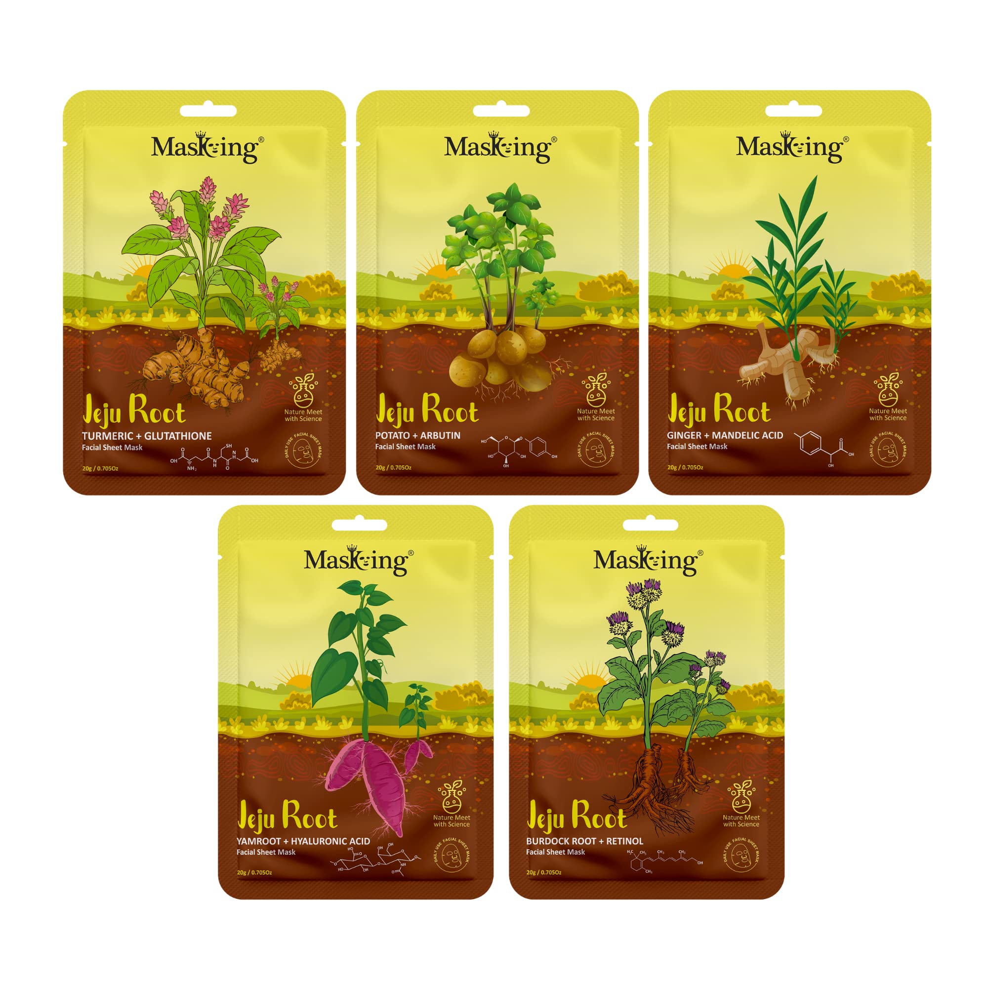 Jeju Root Face Sheet Mask Combo - Anti-Inflammatory, Nourishing & Brightening Skincare for Men & Women (5-Pack) | Perfect for Daily Hydration, Acne Care & Glow Boosting