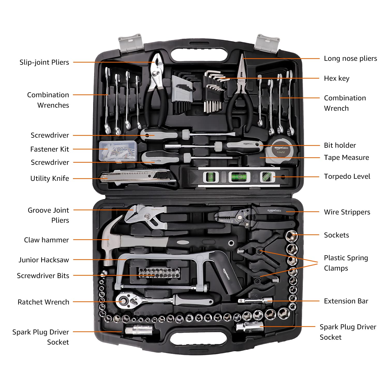 AmazonBasics 173-Piece General Household Hand Tool Set - Complete DIY Repair Kit for Home Improvement, Maintenance & Construction Projects - Includes Wrenches, Screwdrivers, Pliers & More - Perfect for Garage, Workshop & Household Repairs